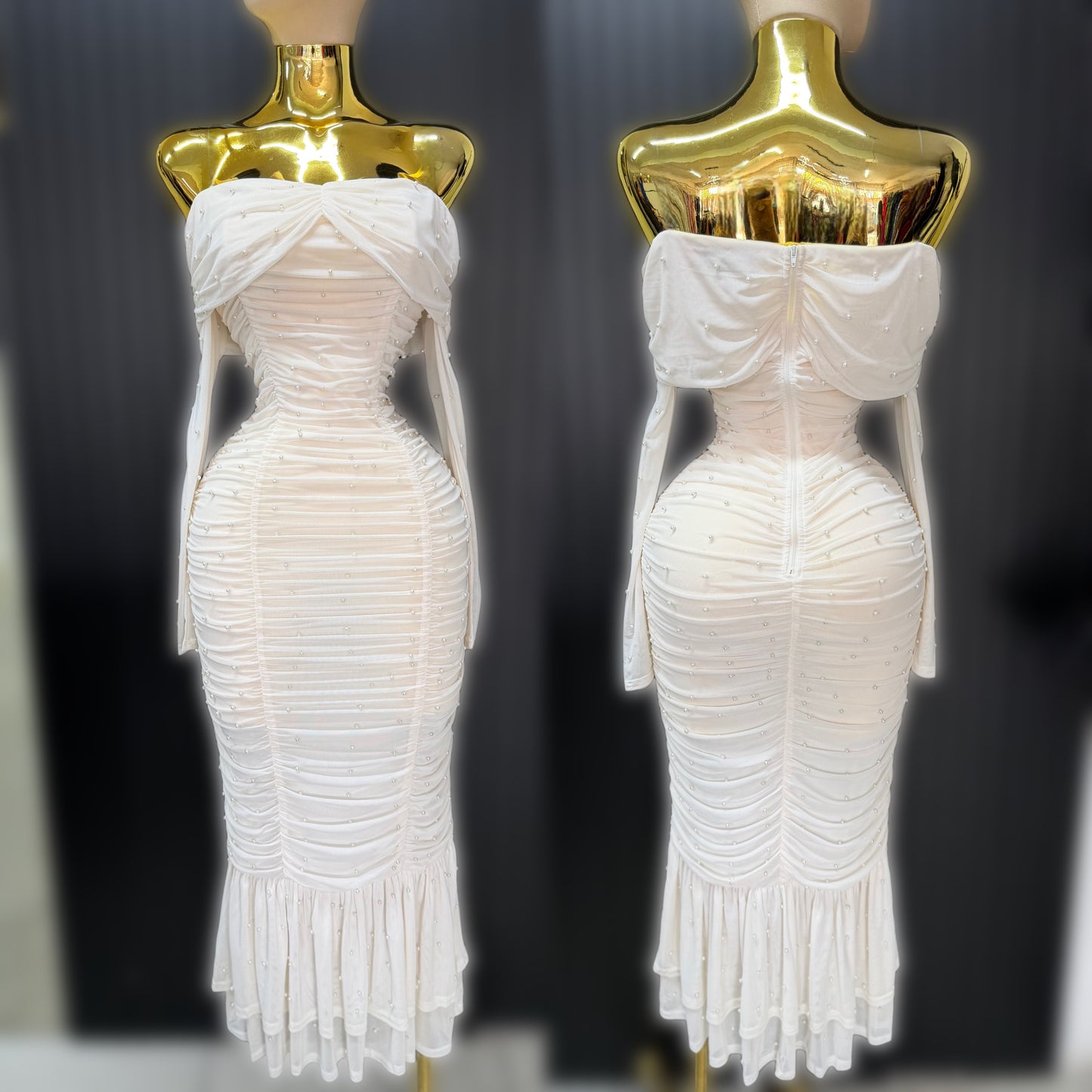 Vestido beige perlas mesh ✨