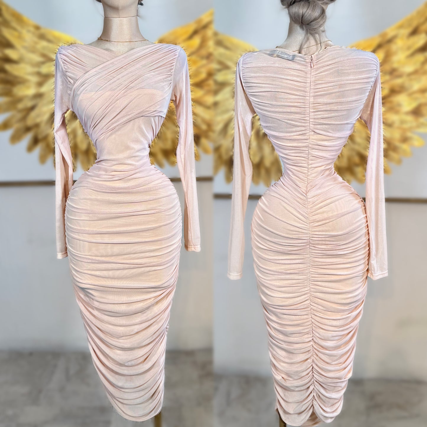 Vestido beige drapeado