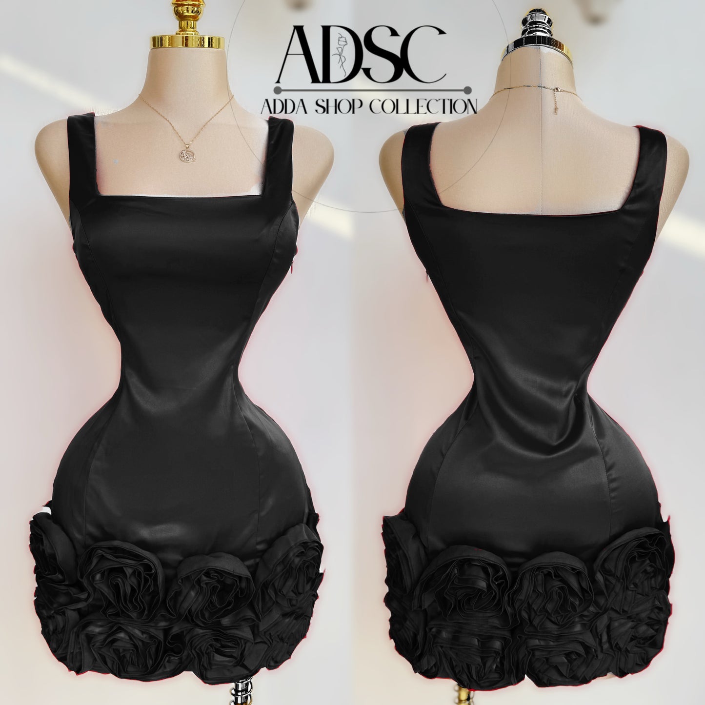 Vestido satín negro flores 🖤