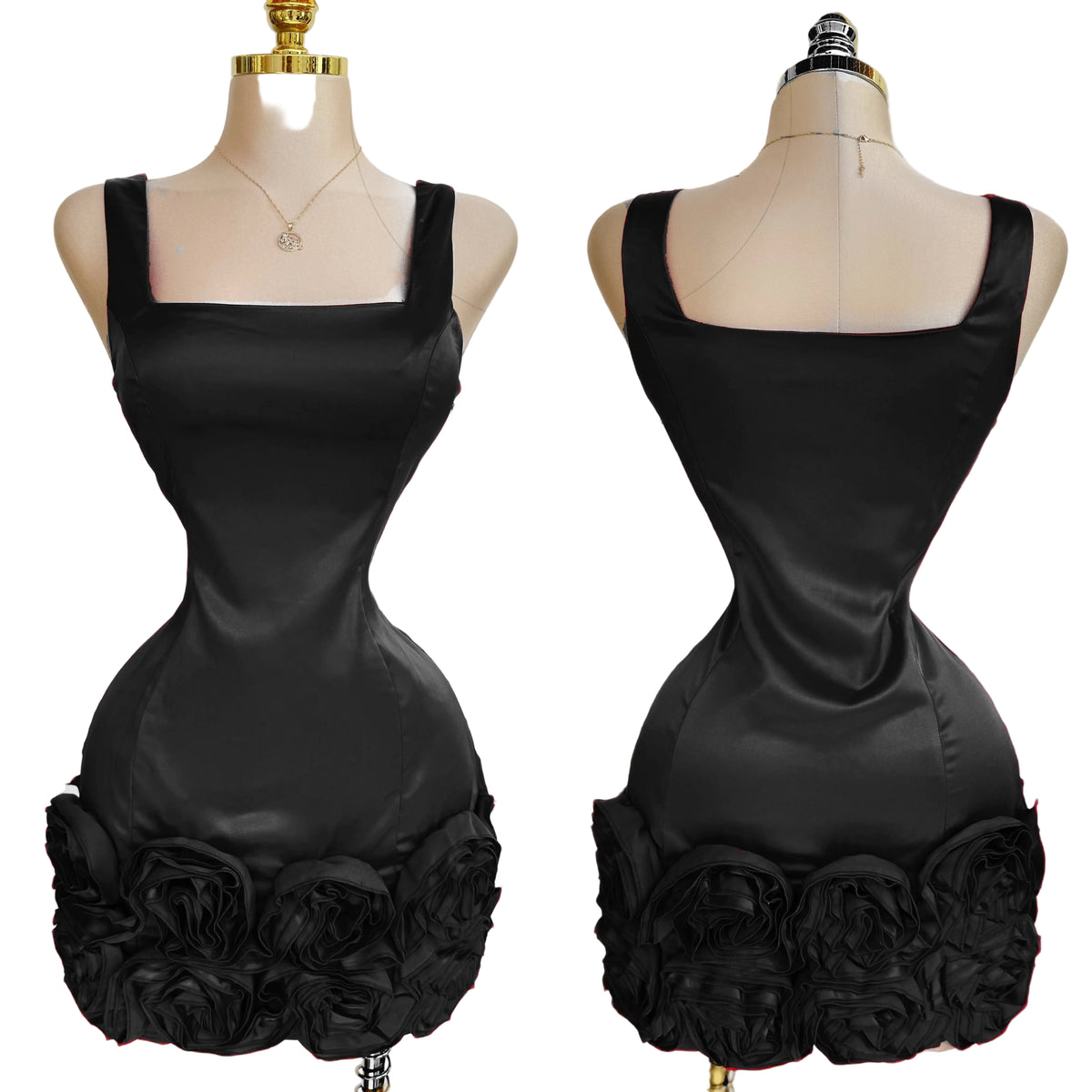Vestido satín negro flores 🖤