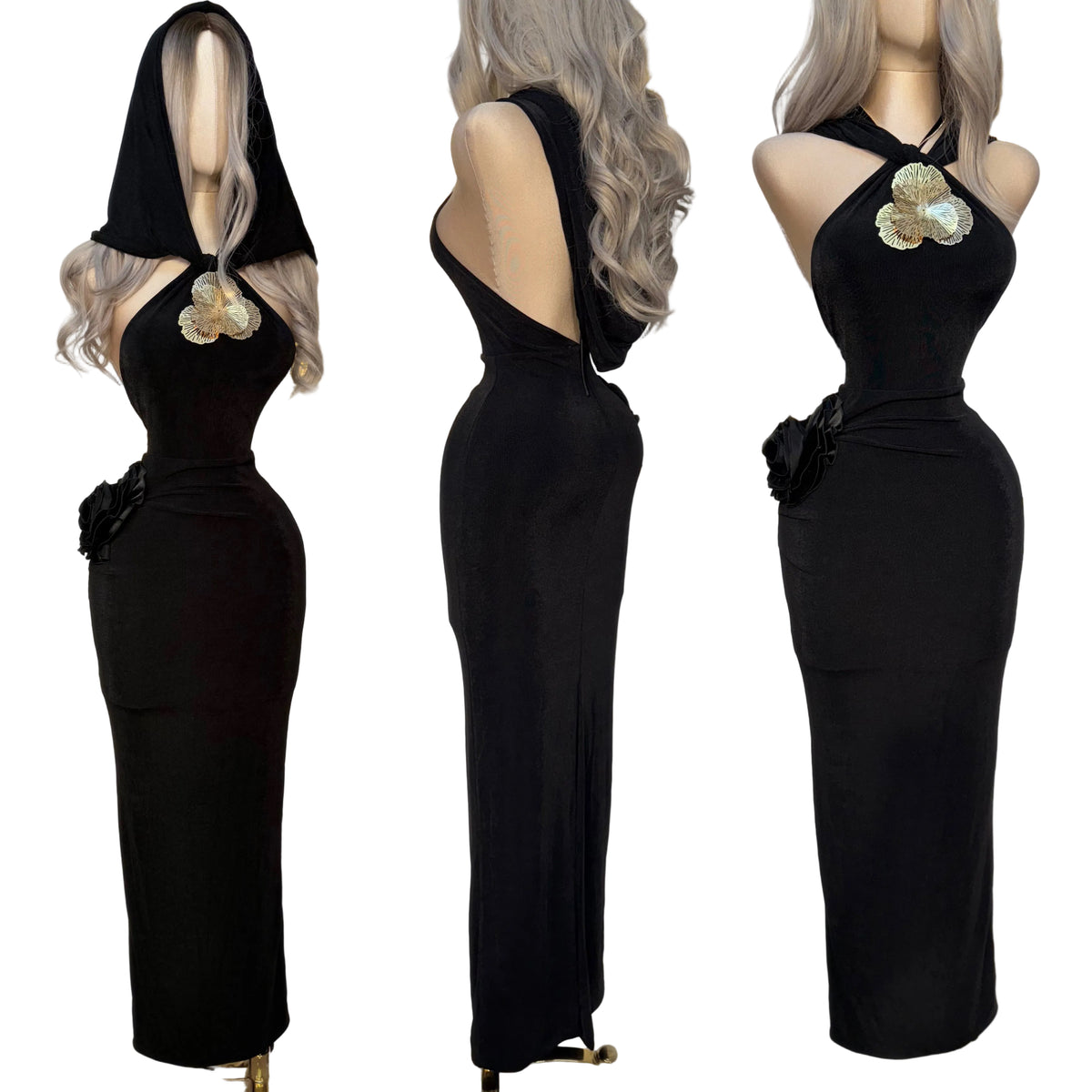Vestido negro licra broche dorado ✨