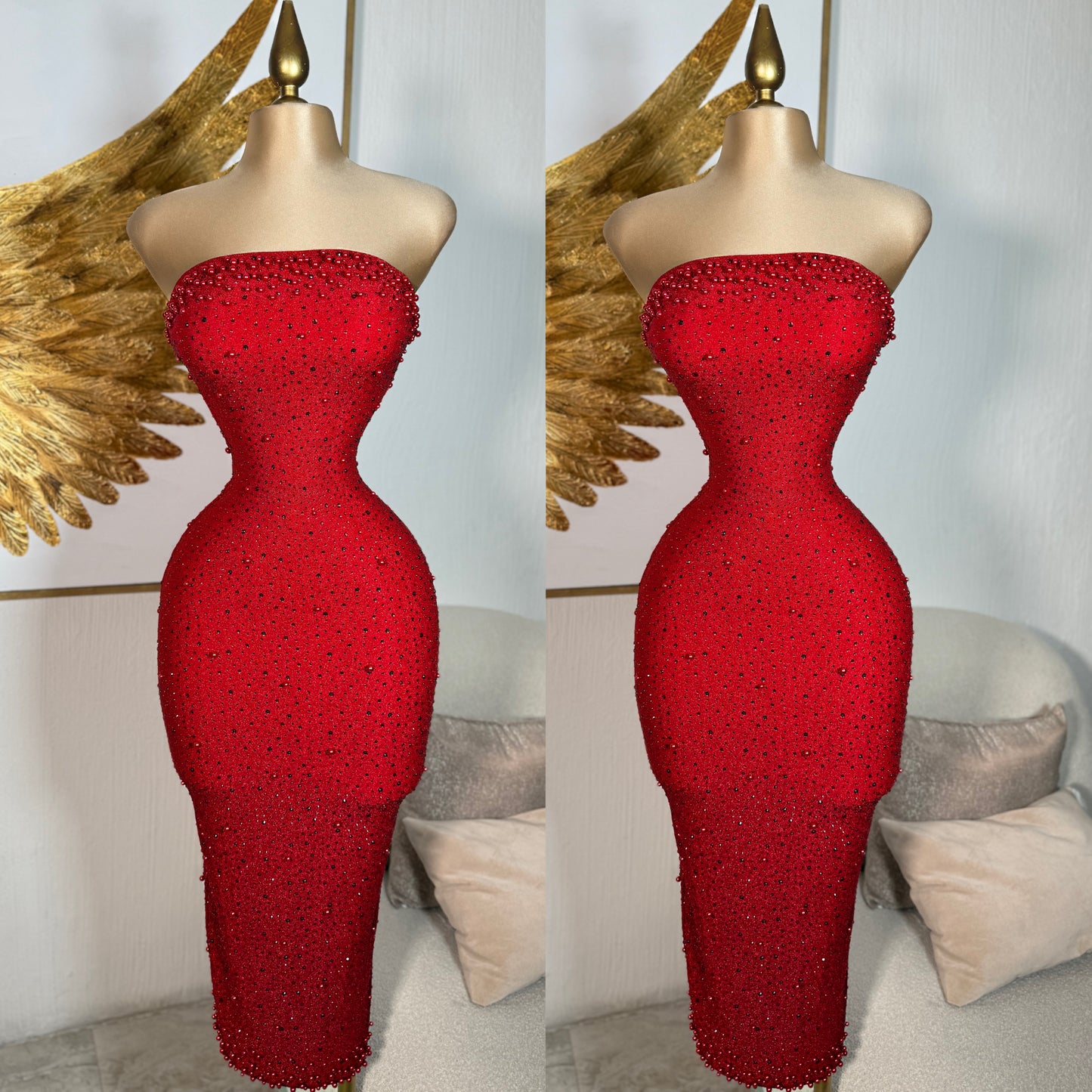 Vestido rojo pedrería y perlas ❤️