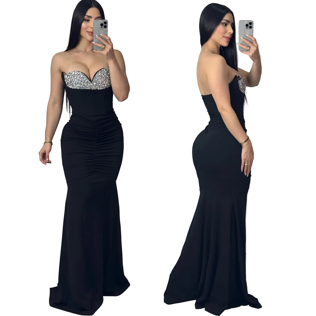 vestido negro strapless pedrería 🖤✨