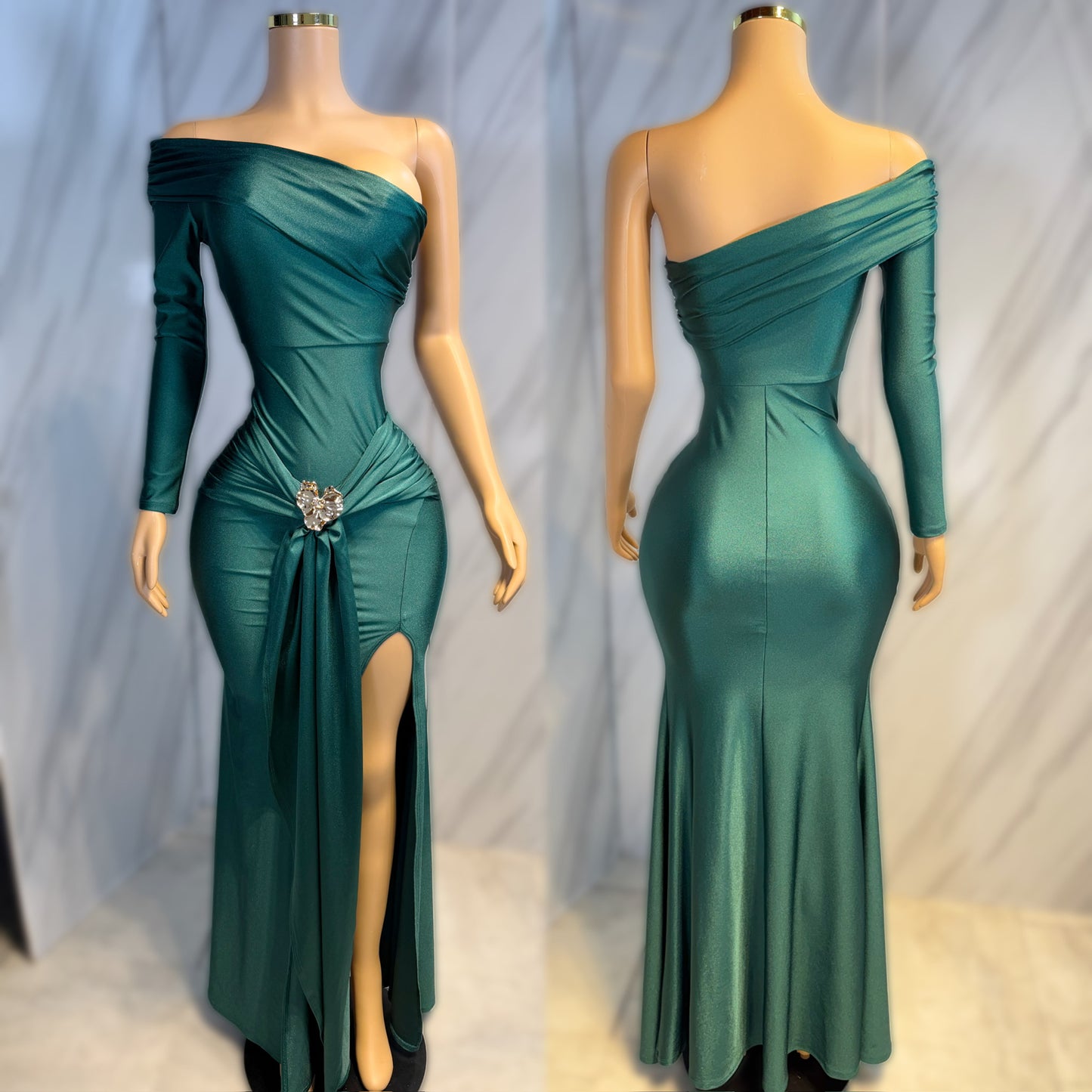 Vestido verde broche dorado licra 💚