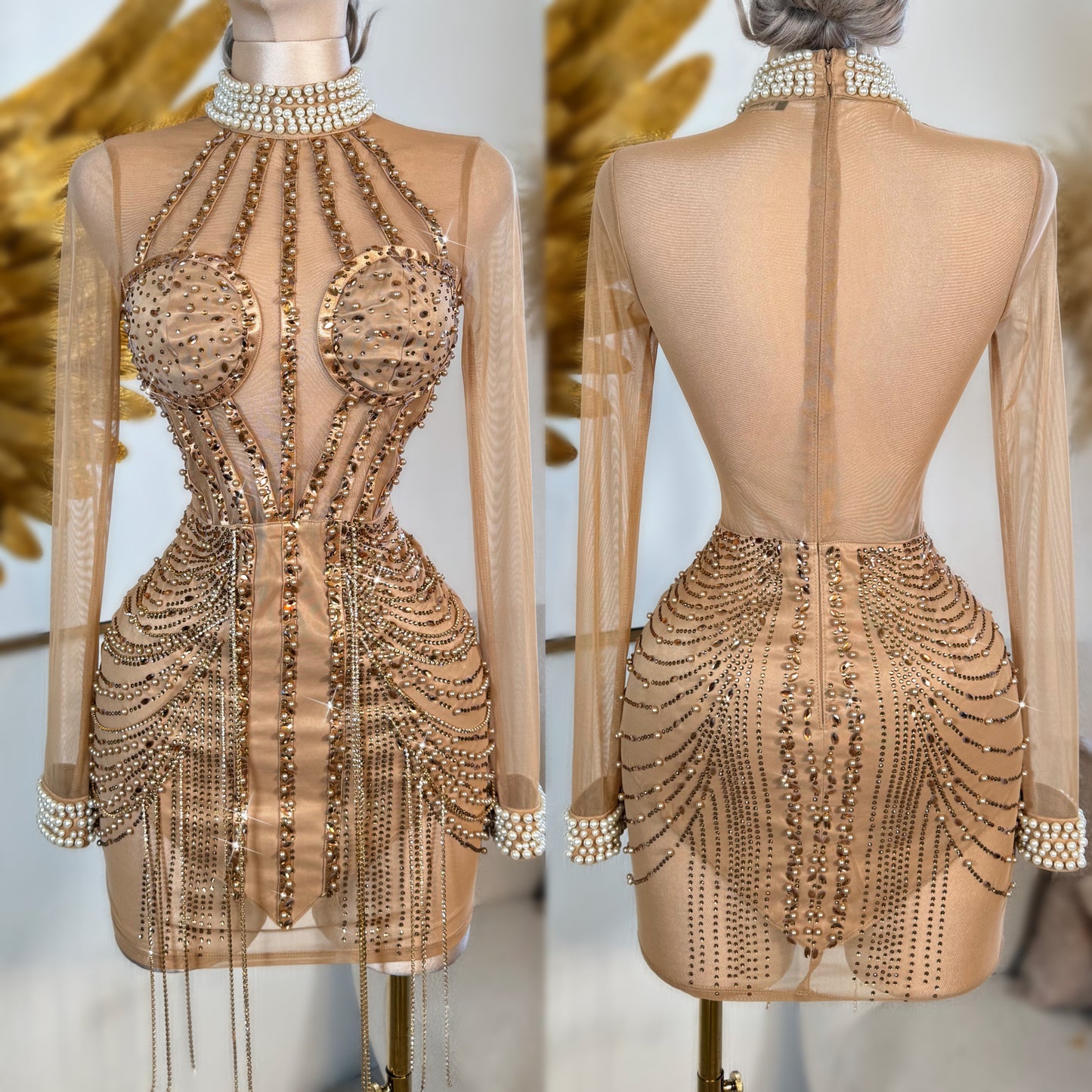 Vestido dorado perlas y pedrería