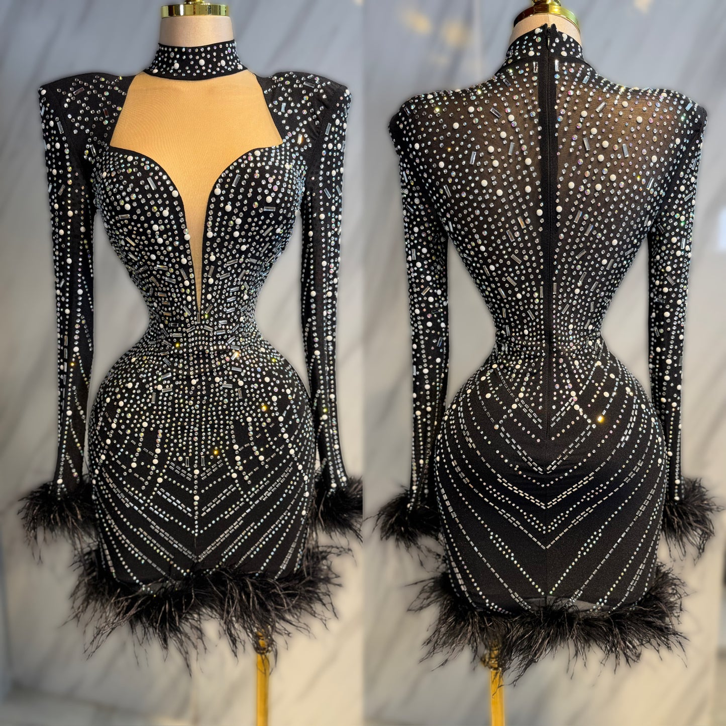 Vestido negro pedrería y plumas 🖤✨