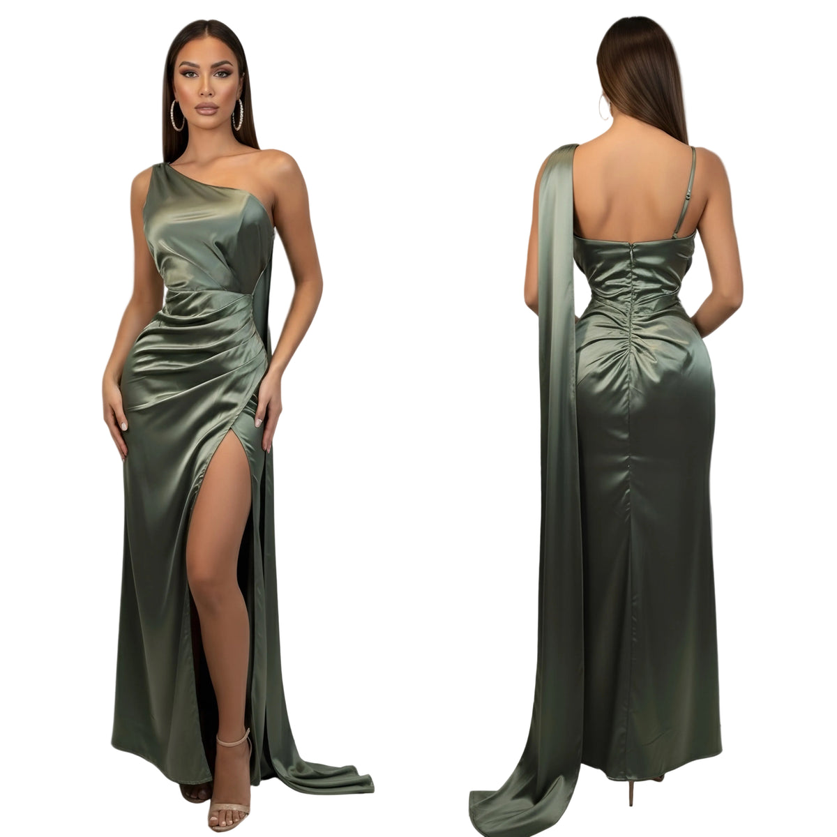 Vestido satín verde olivo 💚