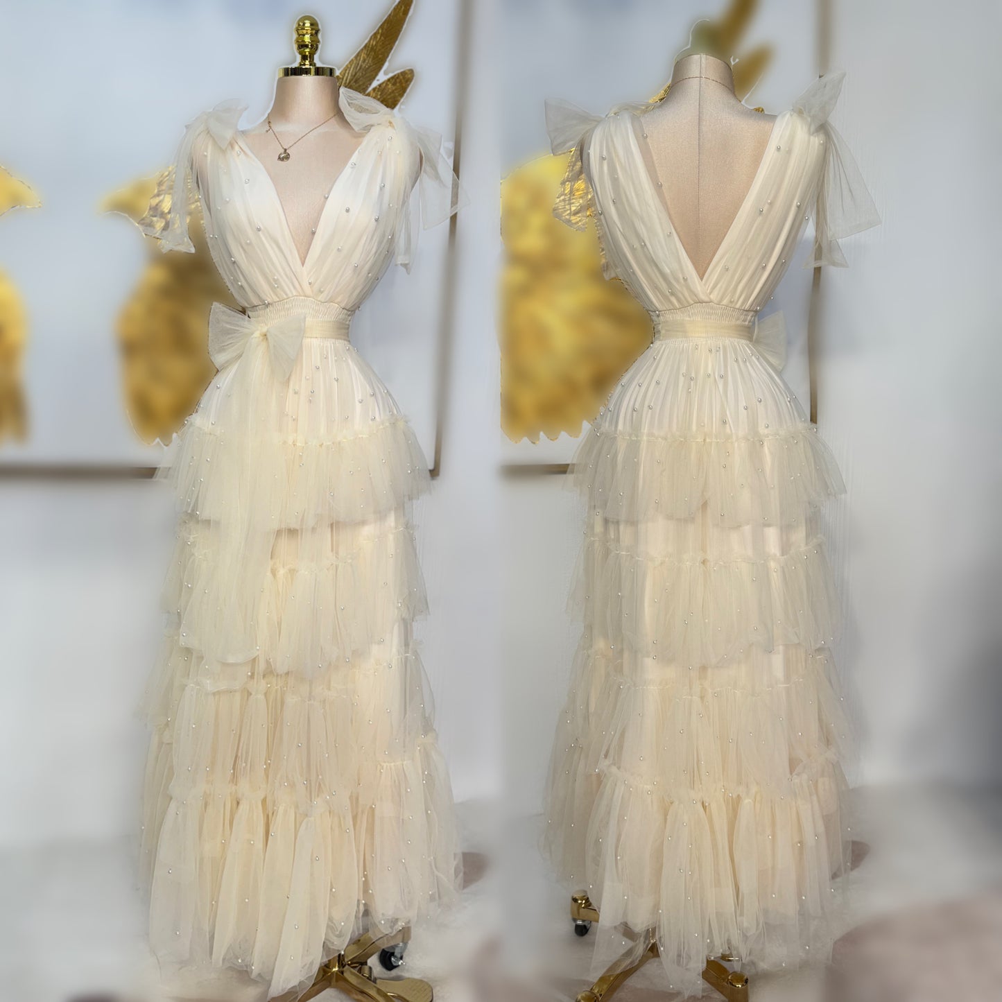 Vestido beige tulle y perlas ✨