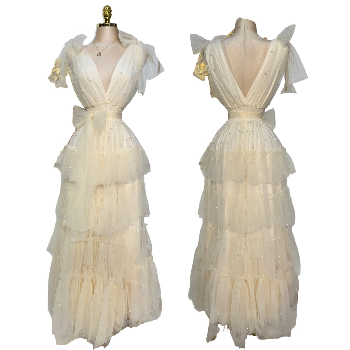 Vestido beige tulle y perlas ✨