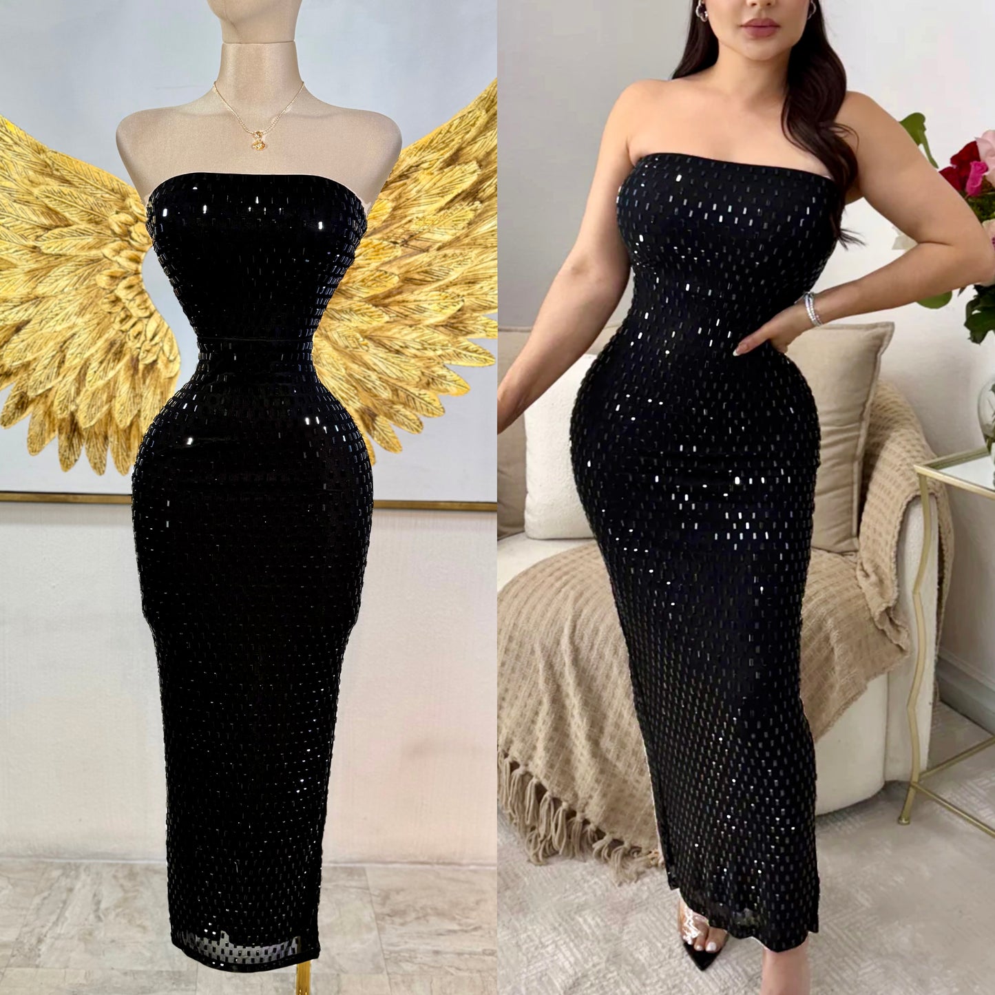 Vestido strapless negro pedrería 🖤✨