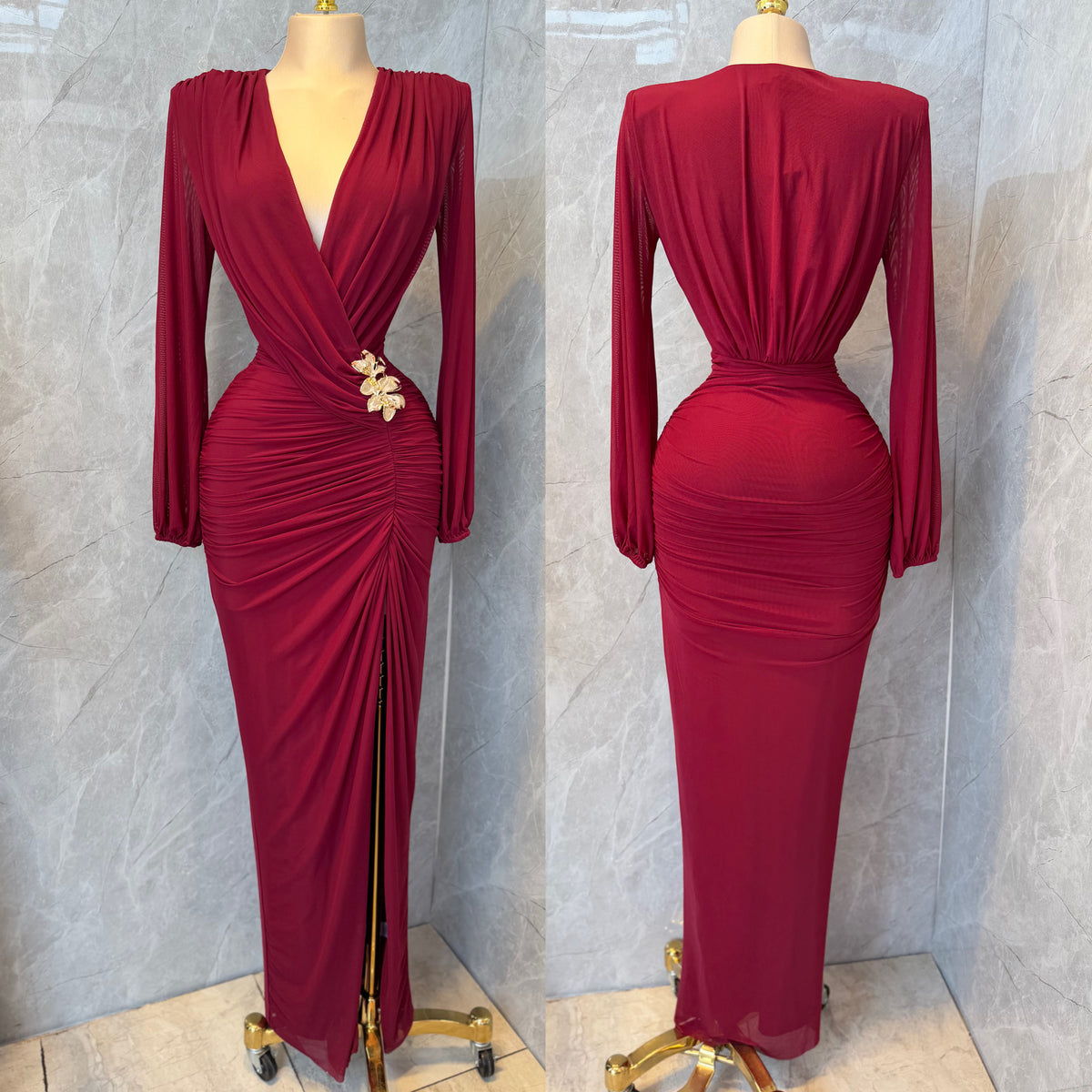 Vestido tinto mesh broche dorado