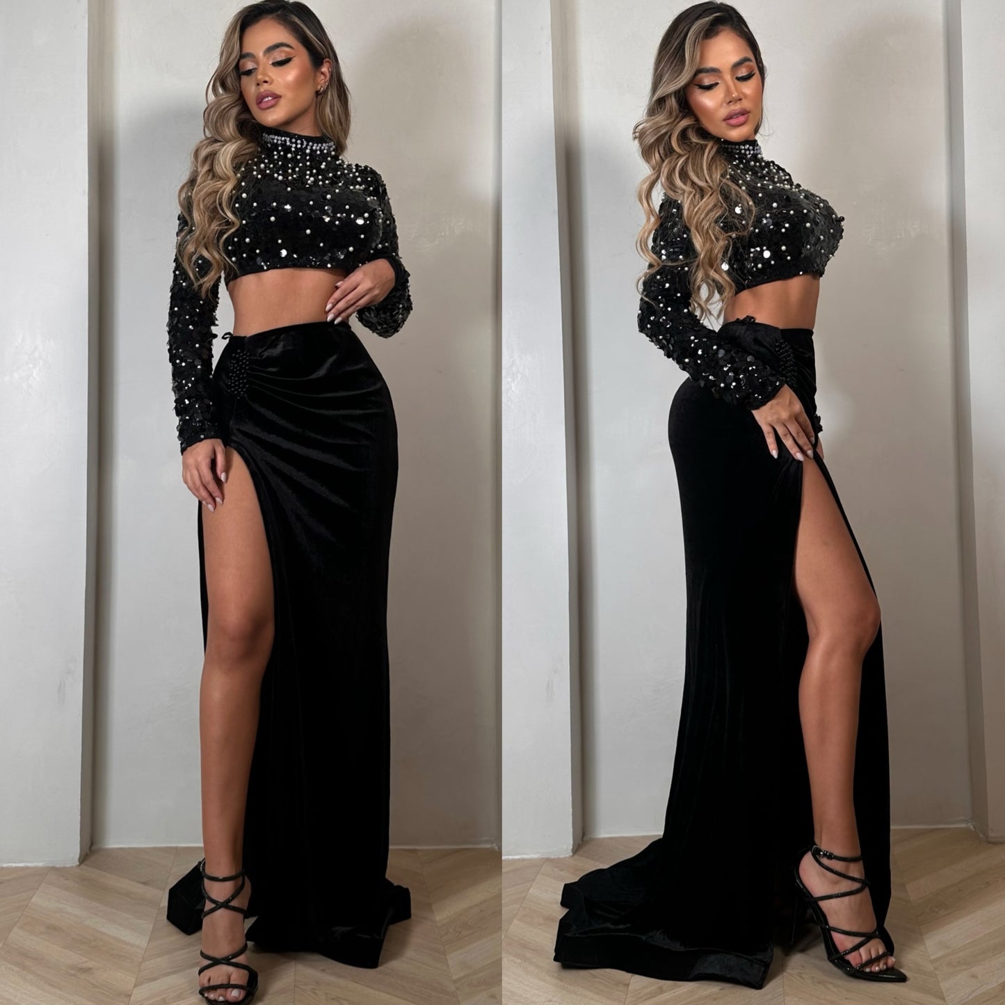 Conjunto negro terciopelo y top lentejuelas y perlas