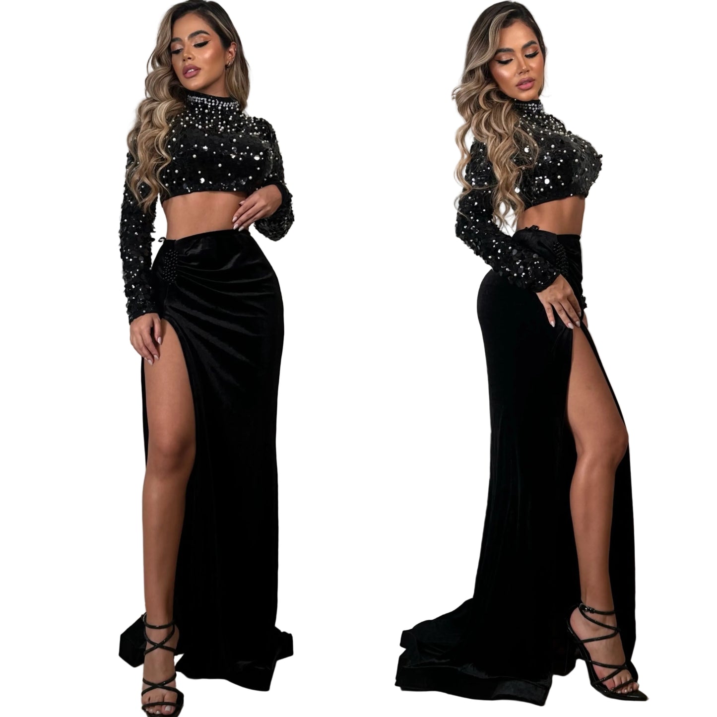 Conjunto negro terciopelo y top lentejuelas y perlas
