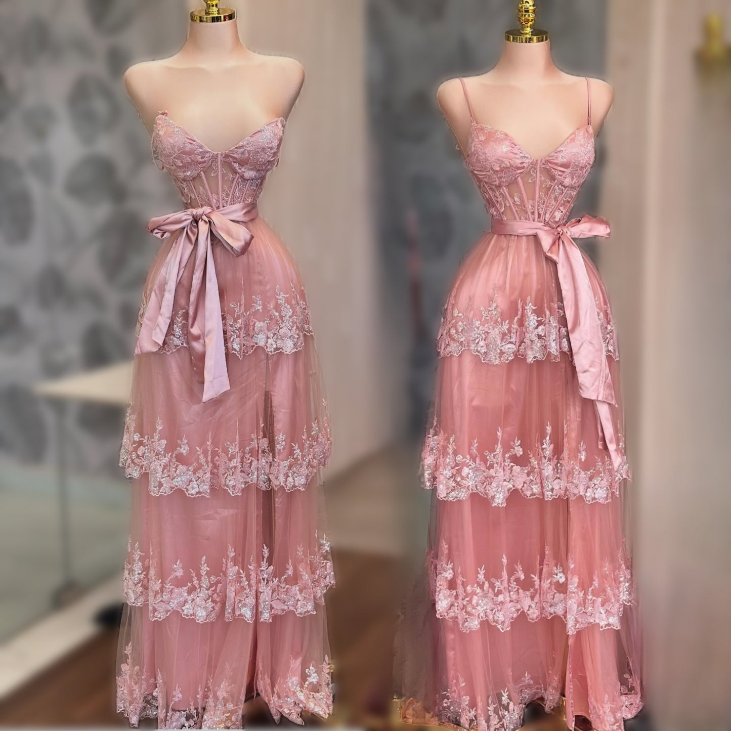 Vestido rosa olanes bordados en lentejuelas ✨