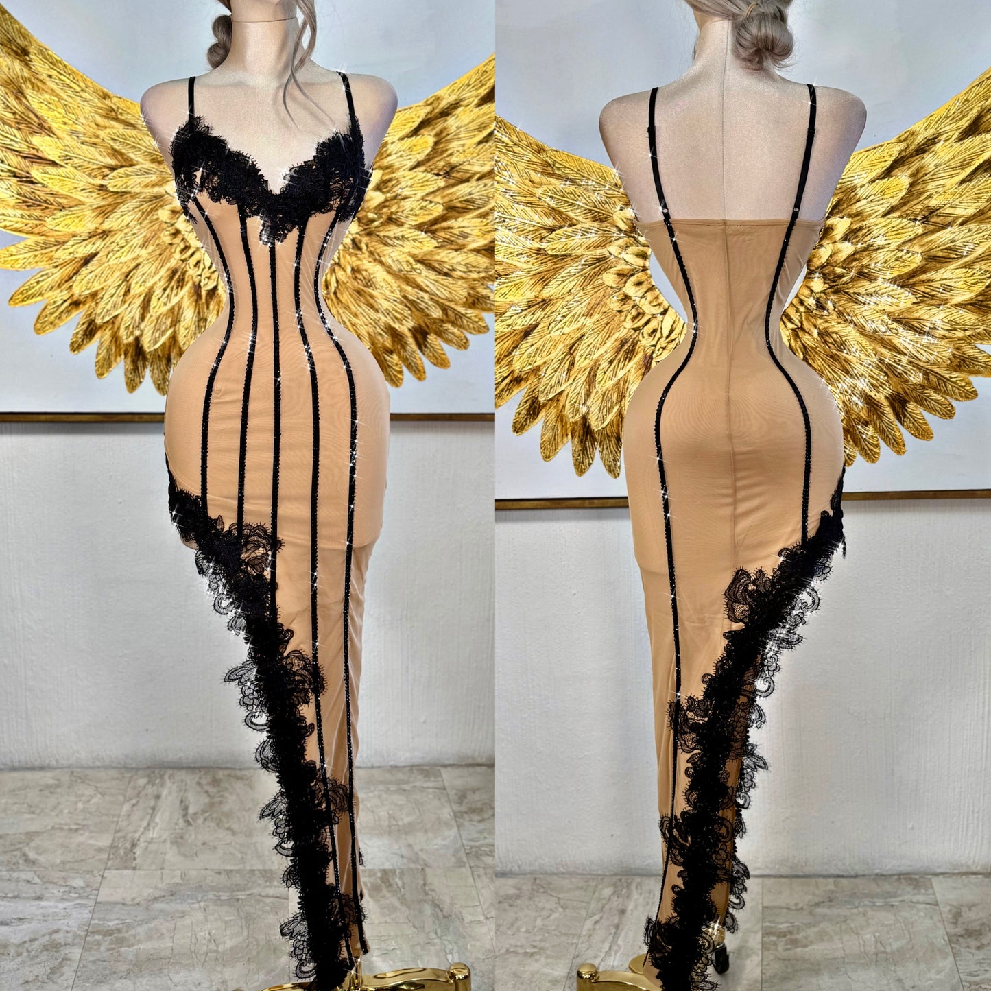 Vestido nude pedrería y encaje