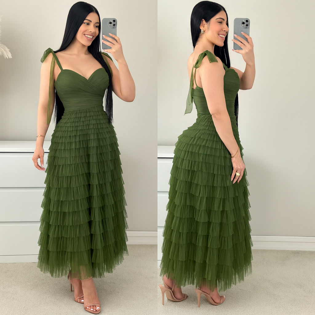 Vestido tulle verde olivo 💚