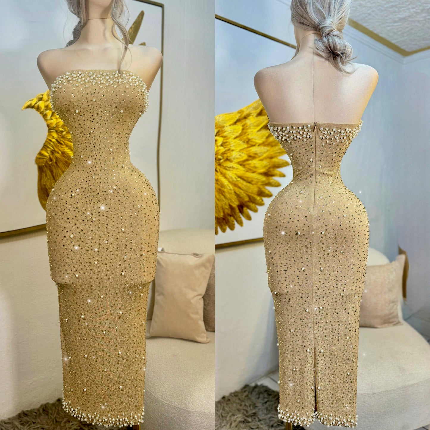 Vestido beige perlas y pedrería ✨