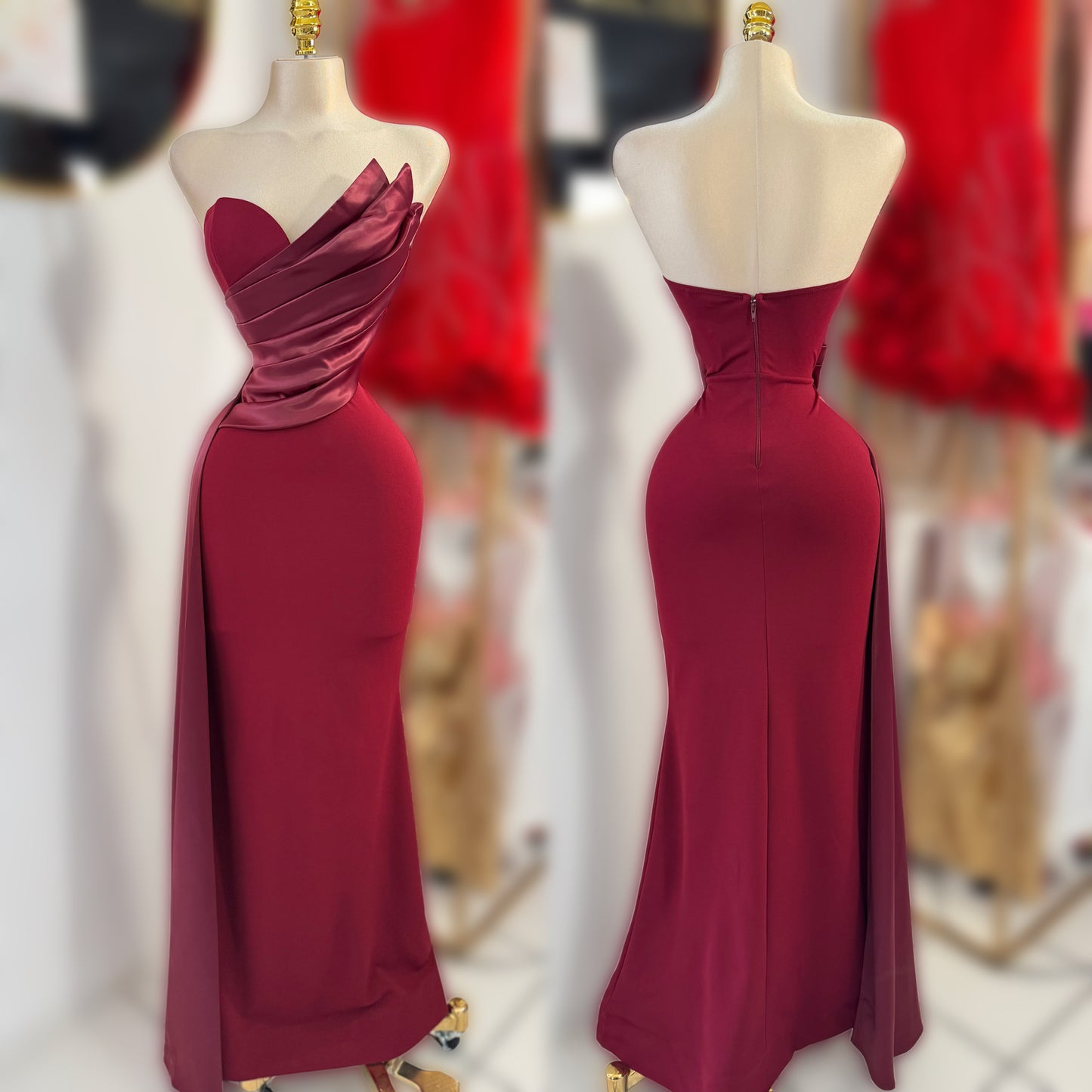 Vestido strapless tinto cauda ❤️