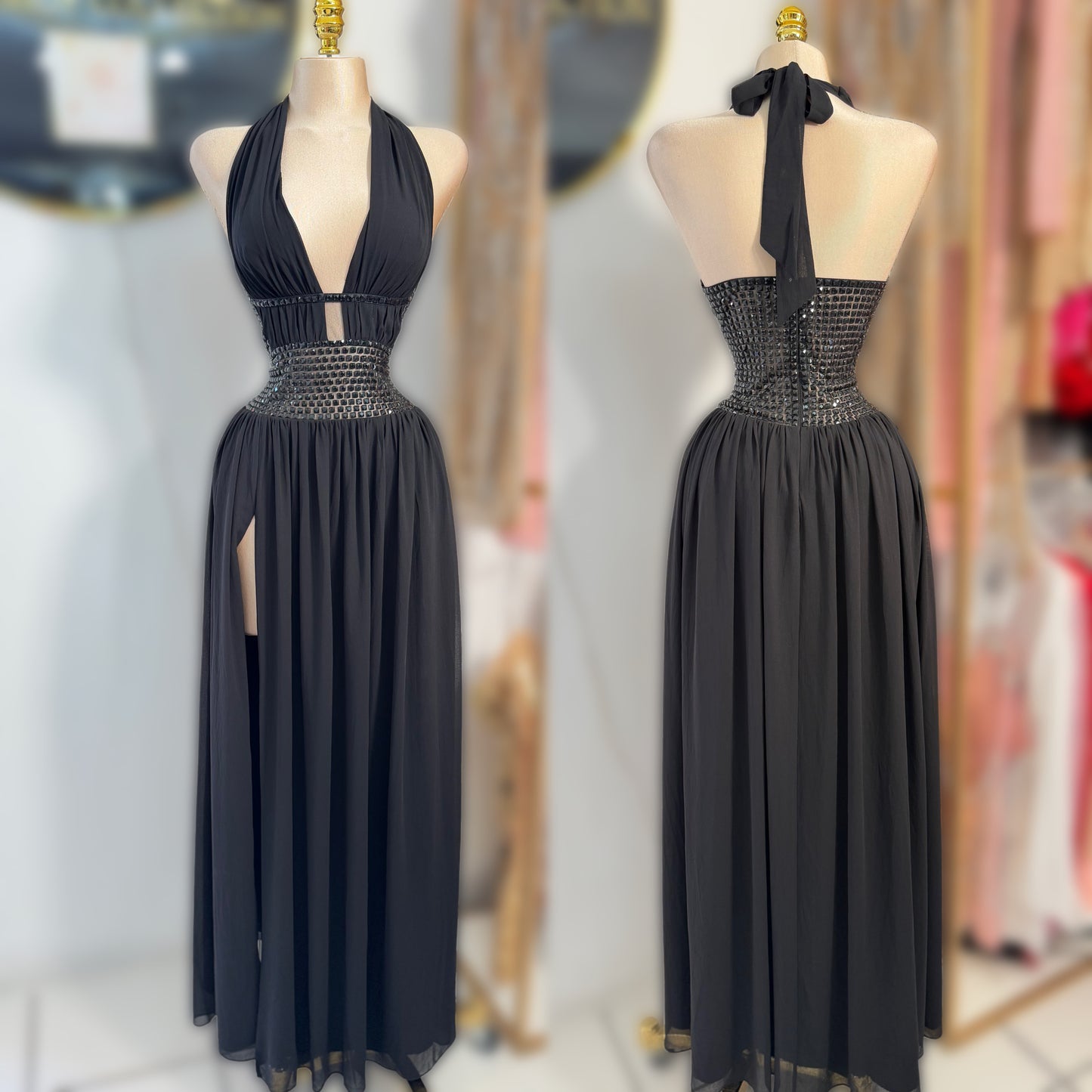 Vestido negro pedrería cuello halter 🖤