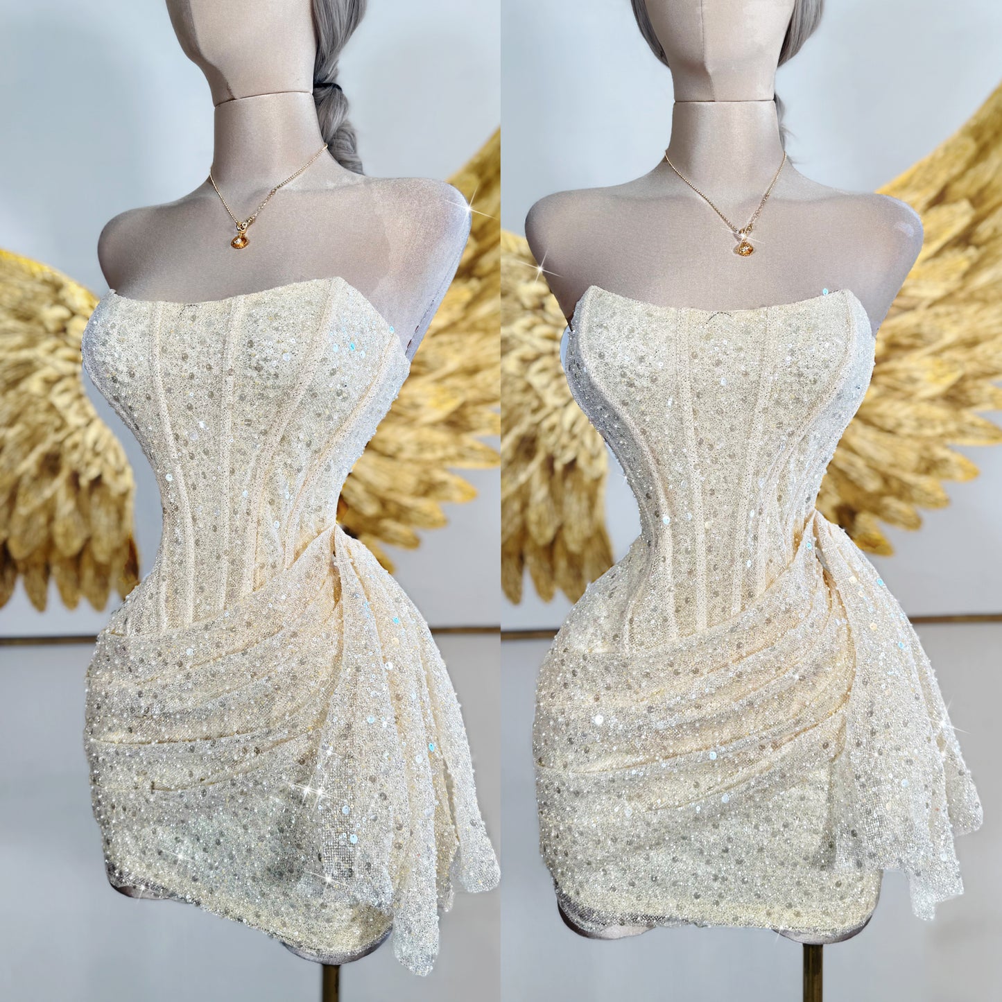 Vestido beige perlas y lentejuelas