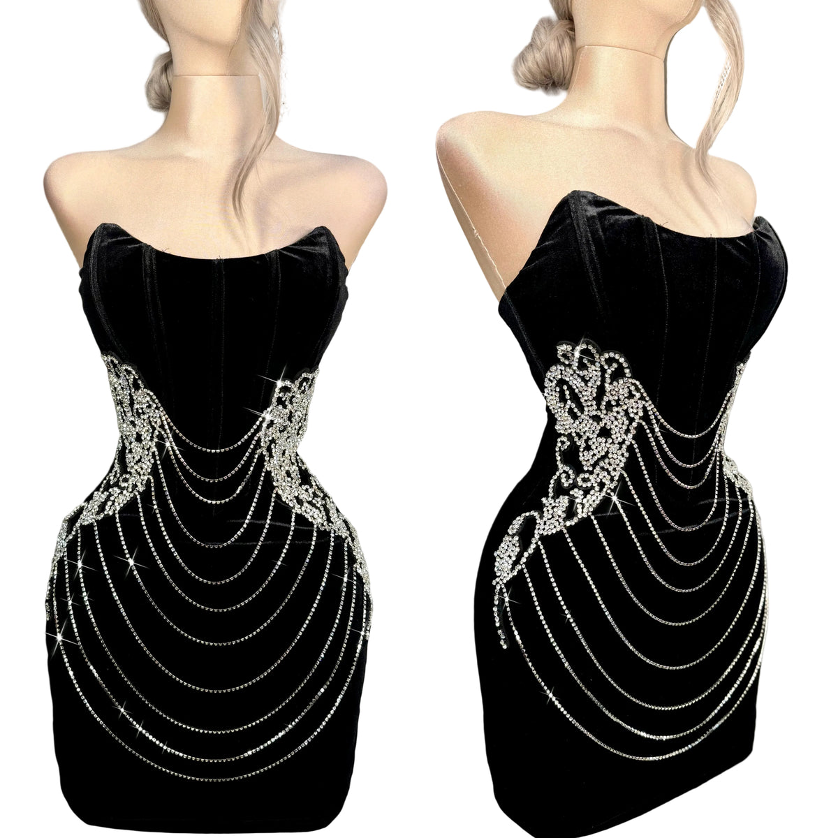 Vestido negro terciopelo y pedrería