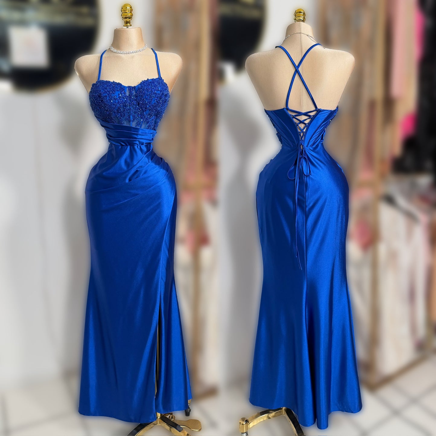 Vestido azul rey satín corset 💙