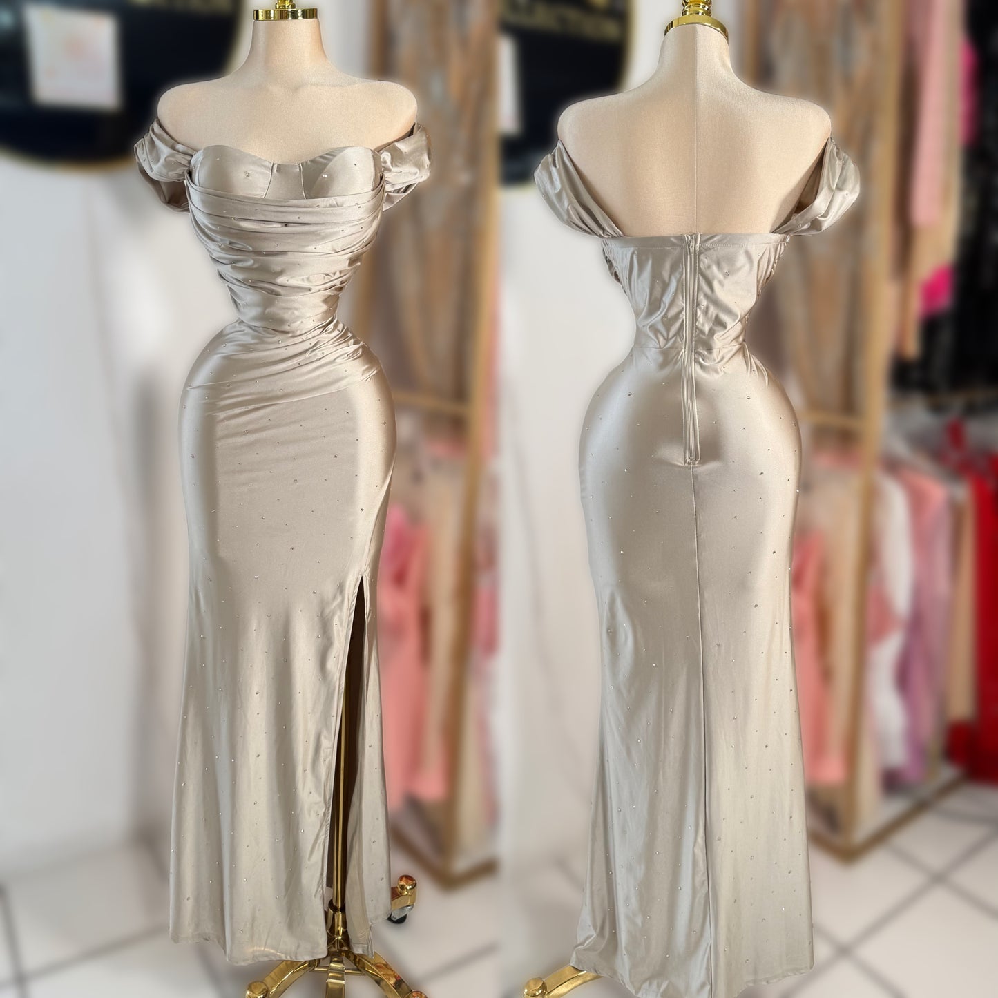 Vestido gris pedrería 🫰🏻 licra satinada