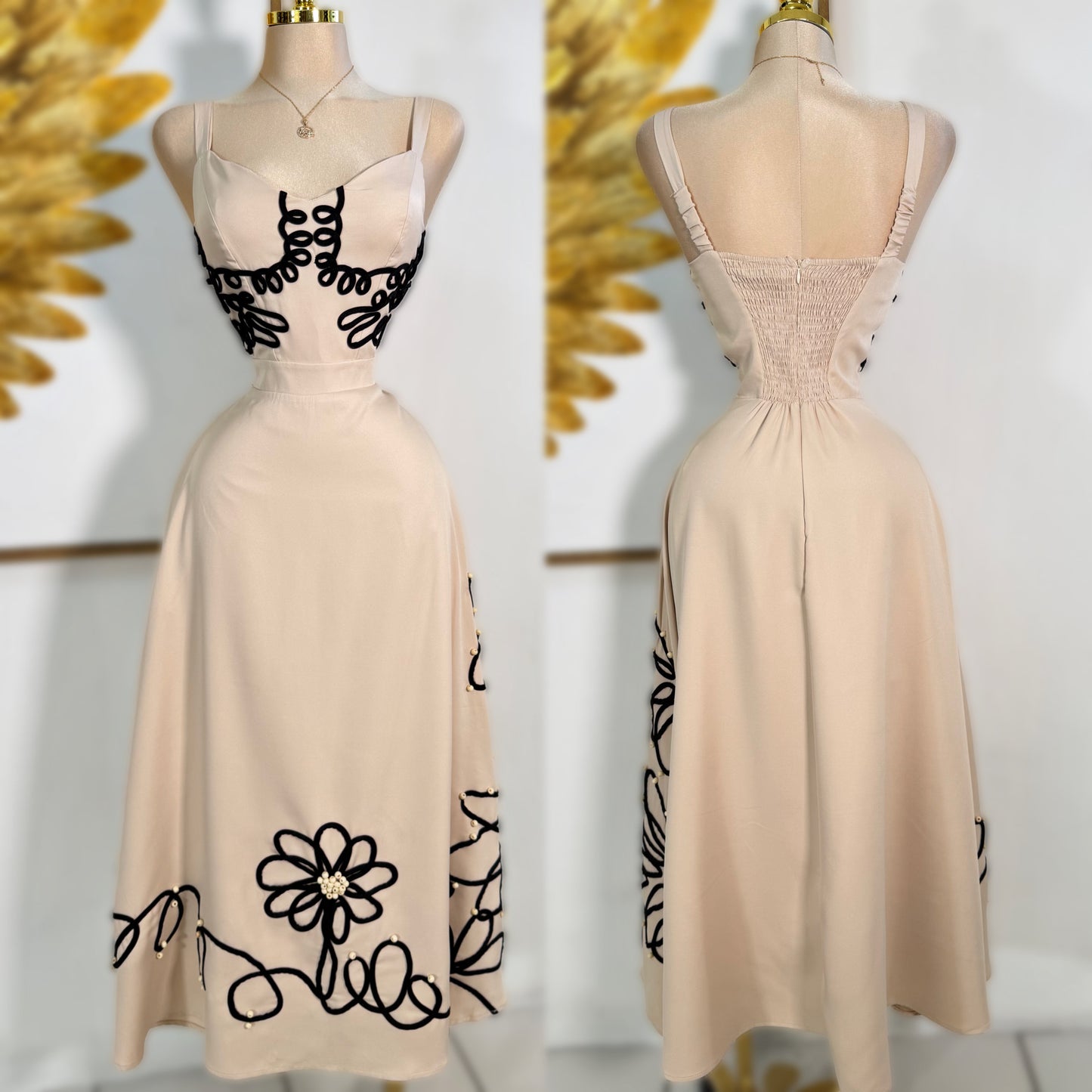 Vestido beige bordado negro ✨