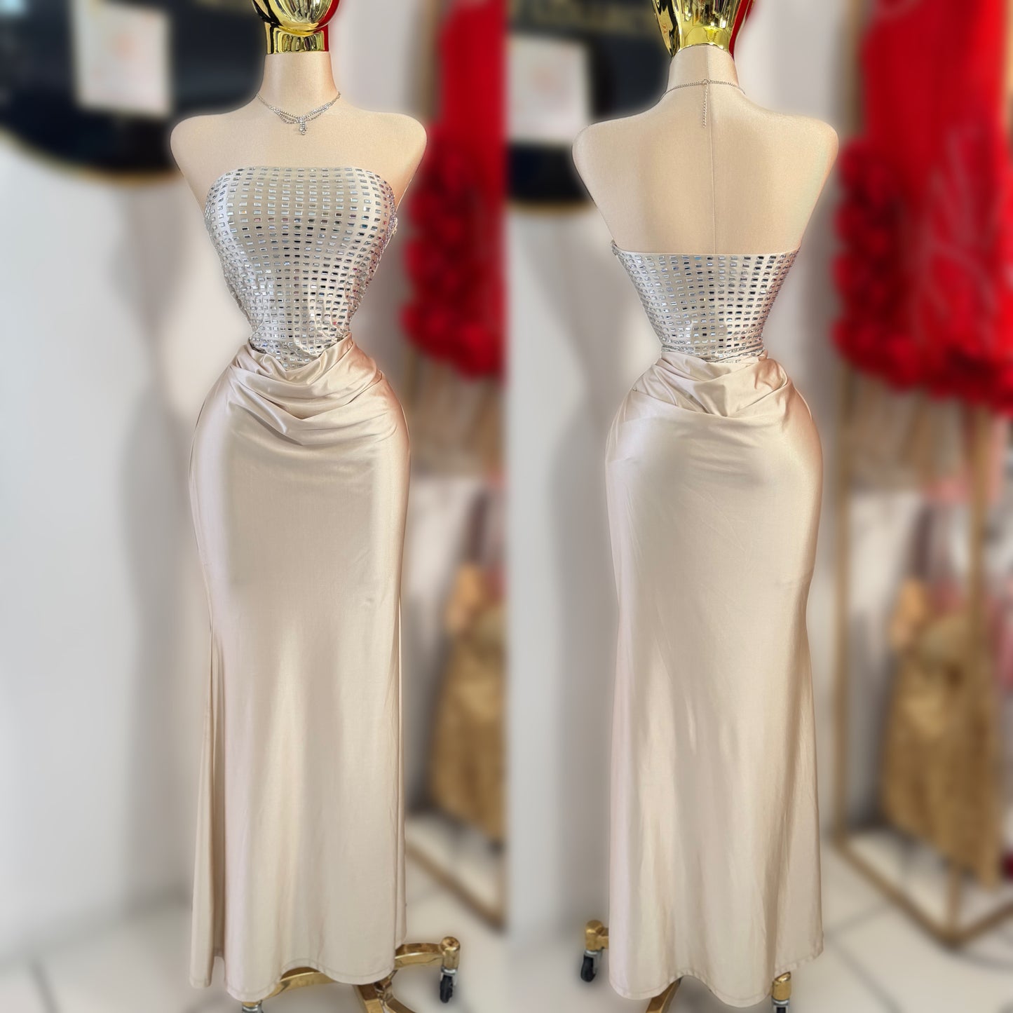 Vestido champagne licra satinada pedrería ✨