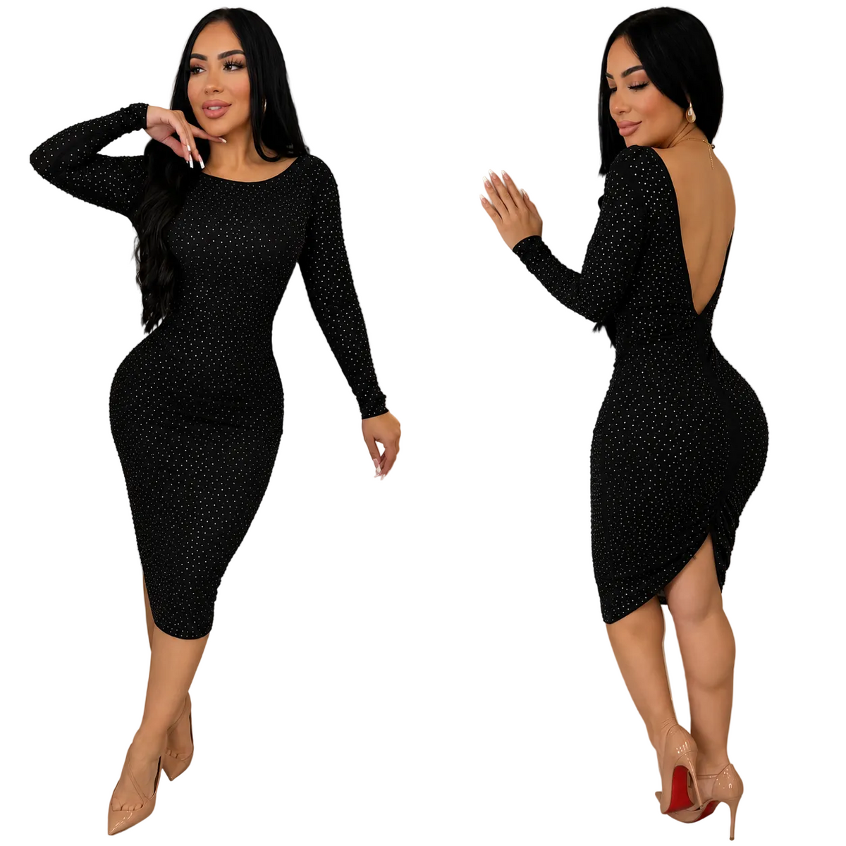 Vestido negro pedrería escote 🖤✨