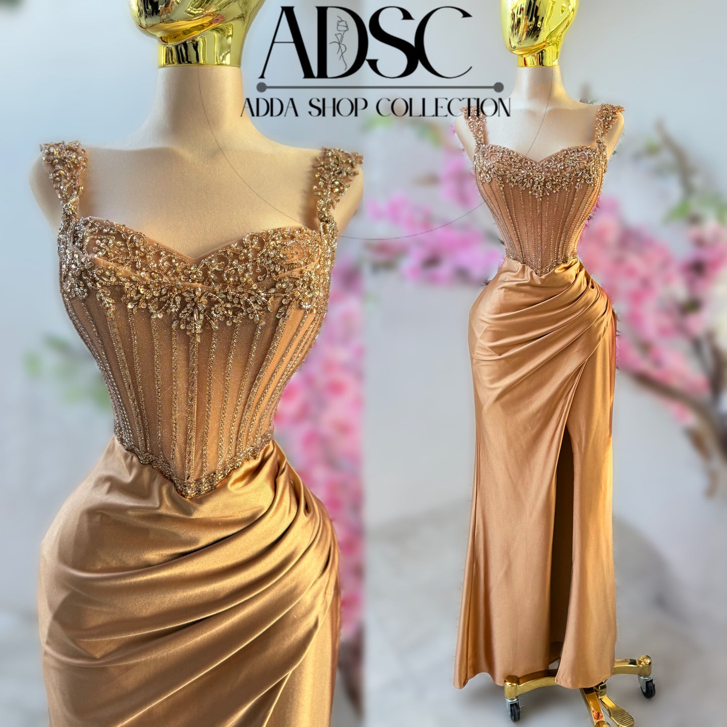 Vestido dorado satín corset pedrería 🌟