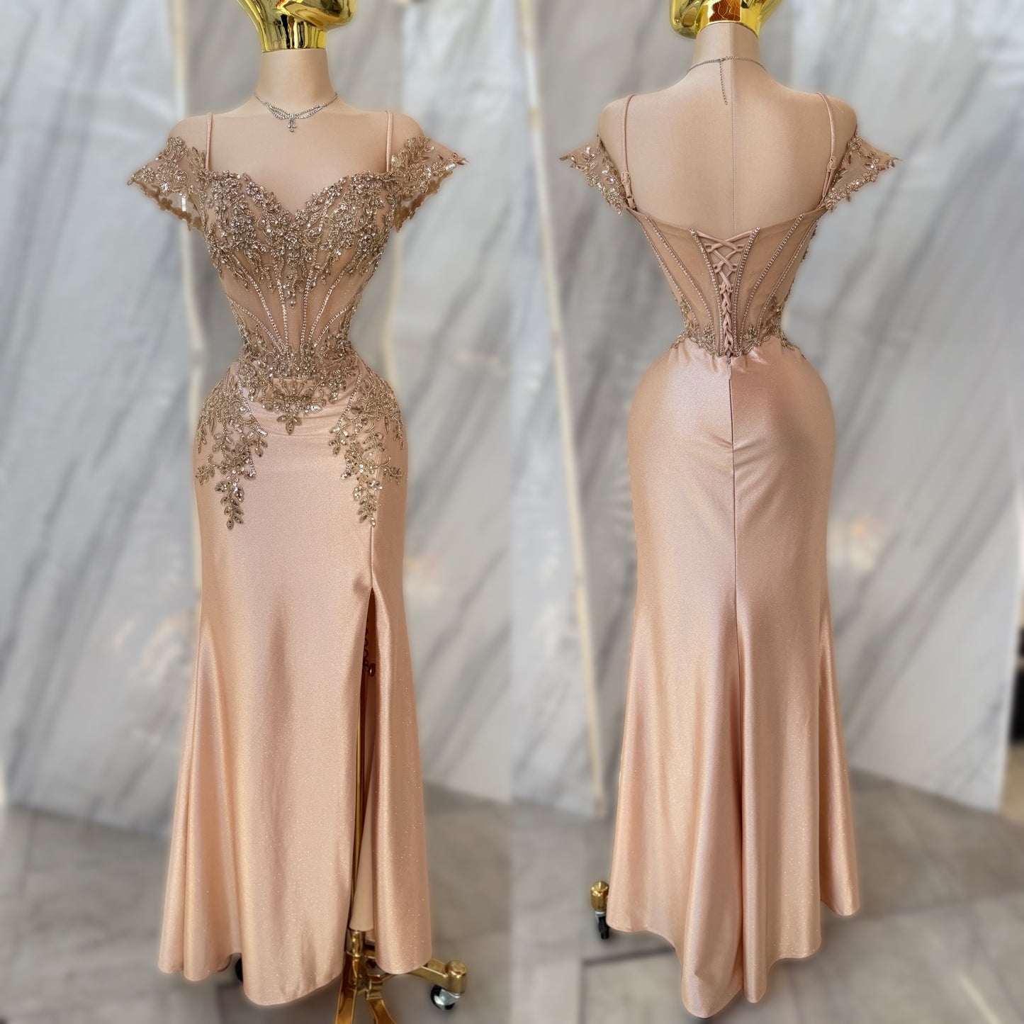 Vestido champagne corset glitter y pedrería ✨