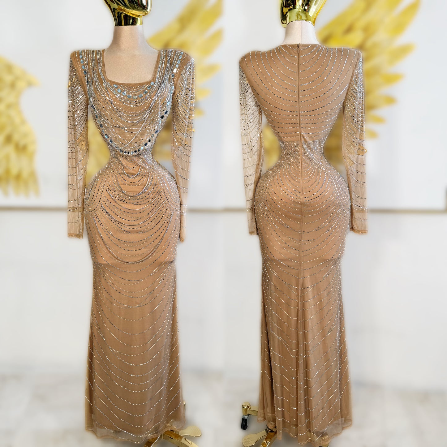 Vestido nude pedrería manga larga