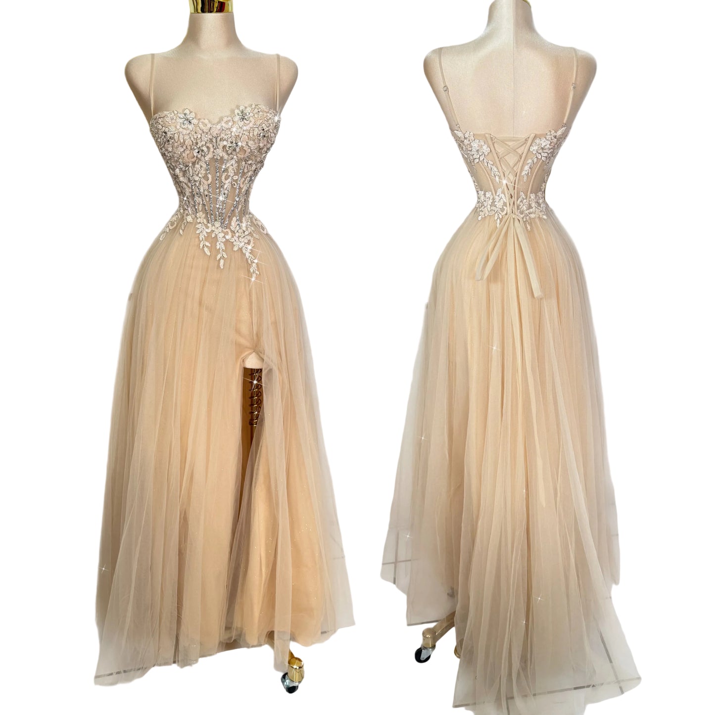 Vestido beige tulle pedrería ✨