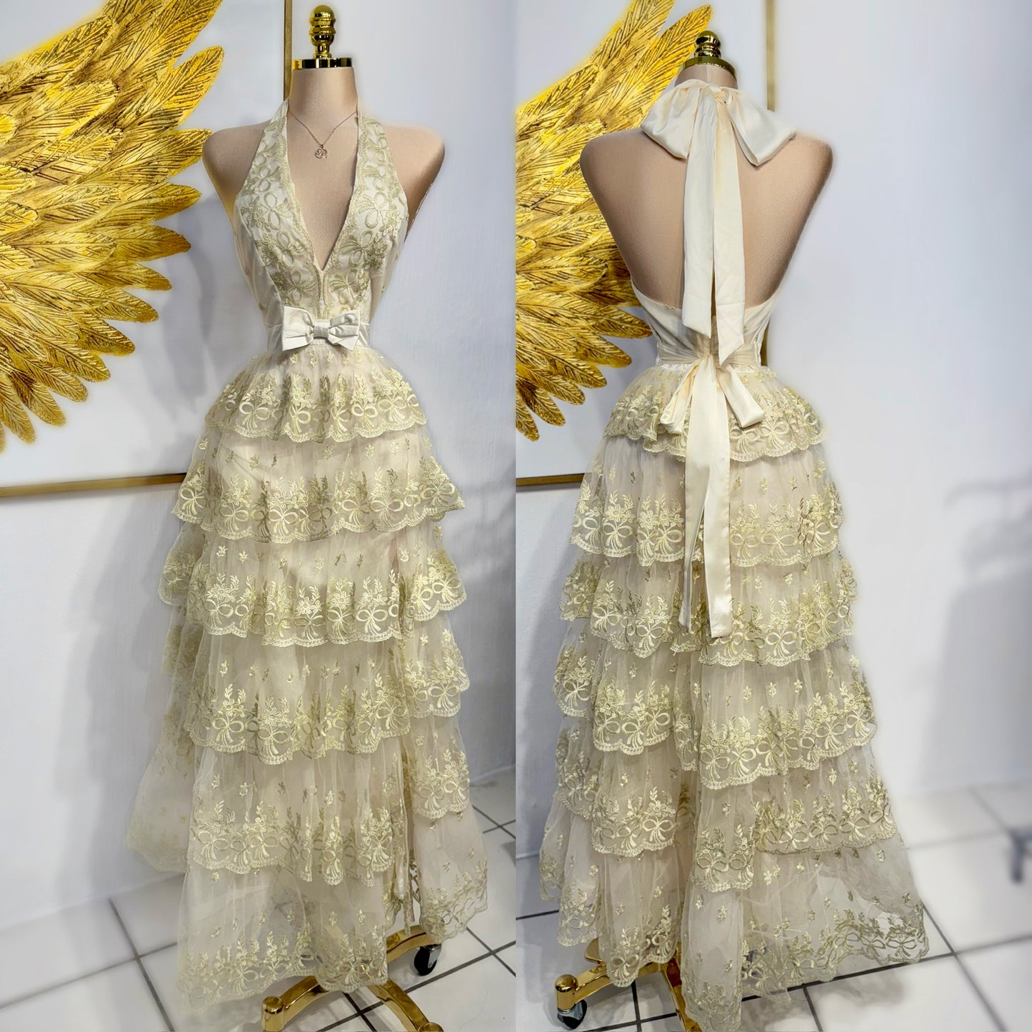 Vestido beige bordado dorado ✨