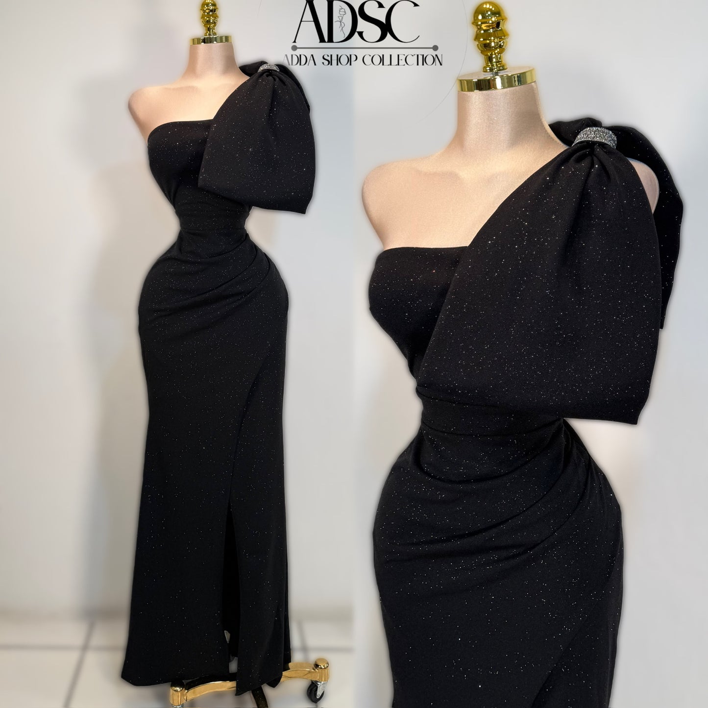 Vestido negro moño glitter ✨