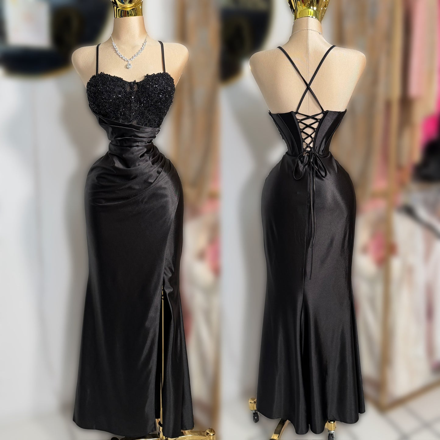 Vestido negro satín y corset 🖤✨