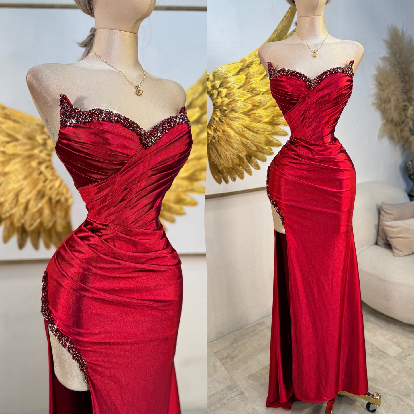 Vestido rojo satín y pedrería ❣️