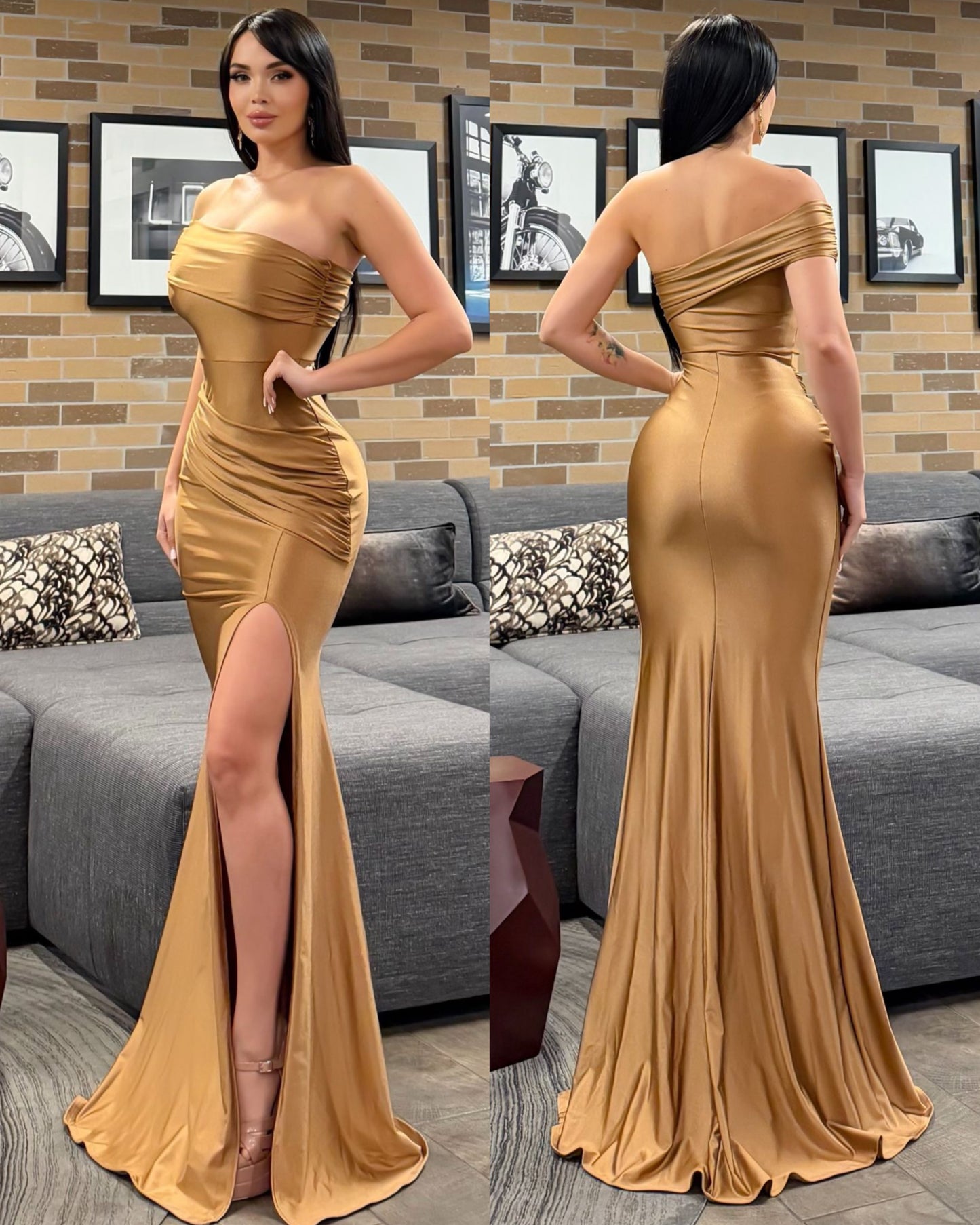 Vestido dorado licra satinada ✨