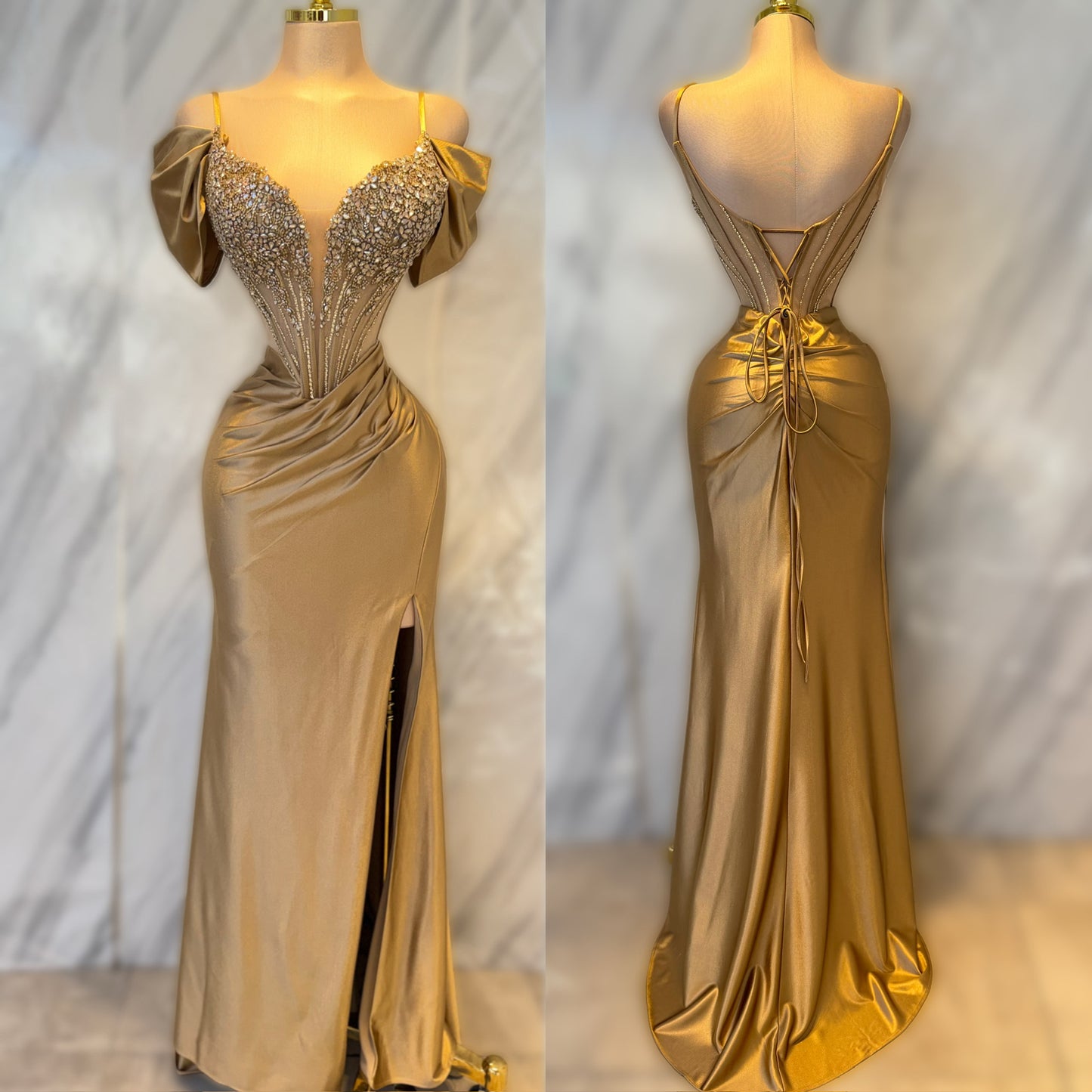 Vestido dorado pedrería corset 💛✨