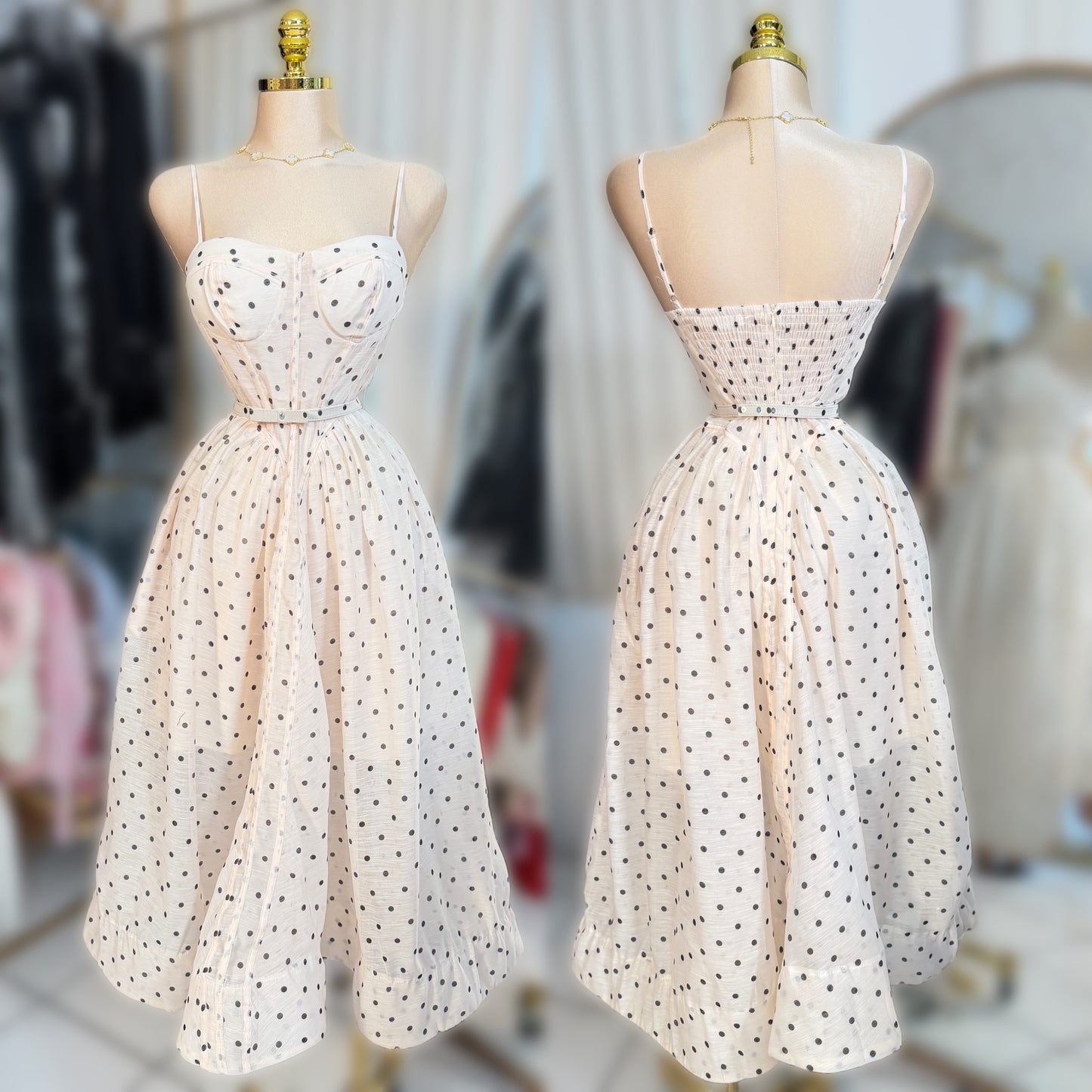 Vestido beige lunares con cinturón ✨
