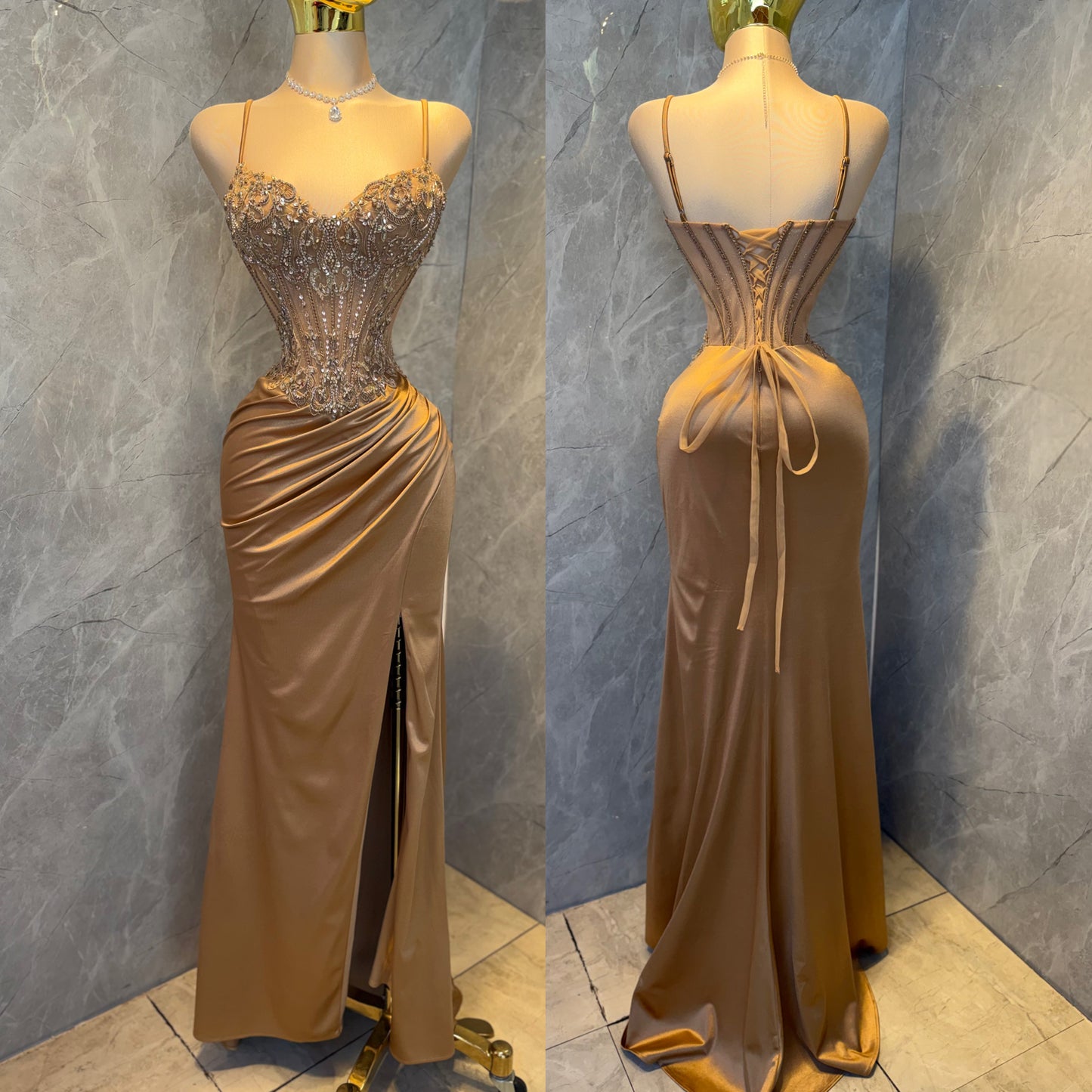 Vestido dorado satín corset ✨