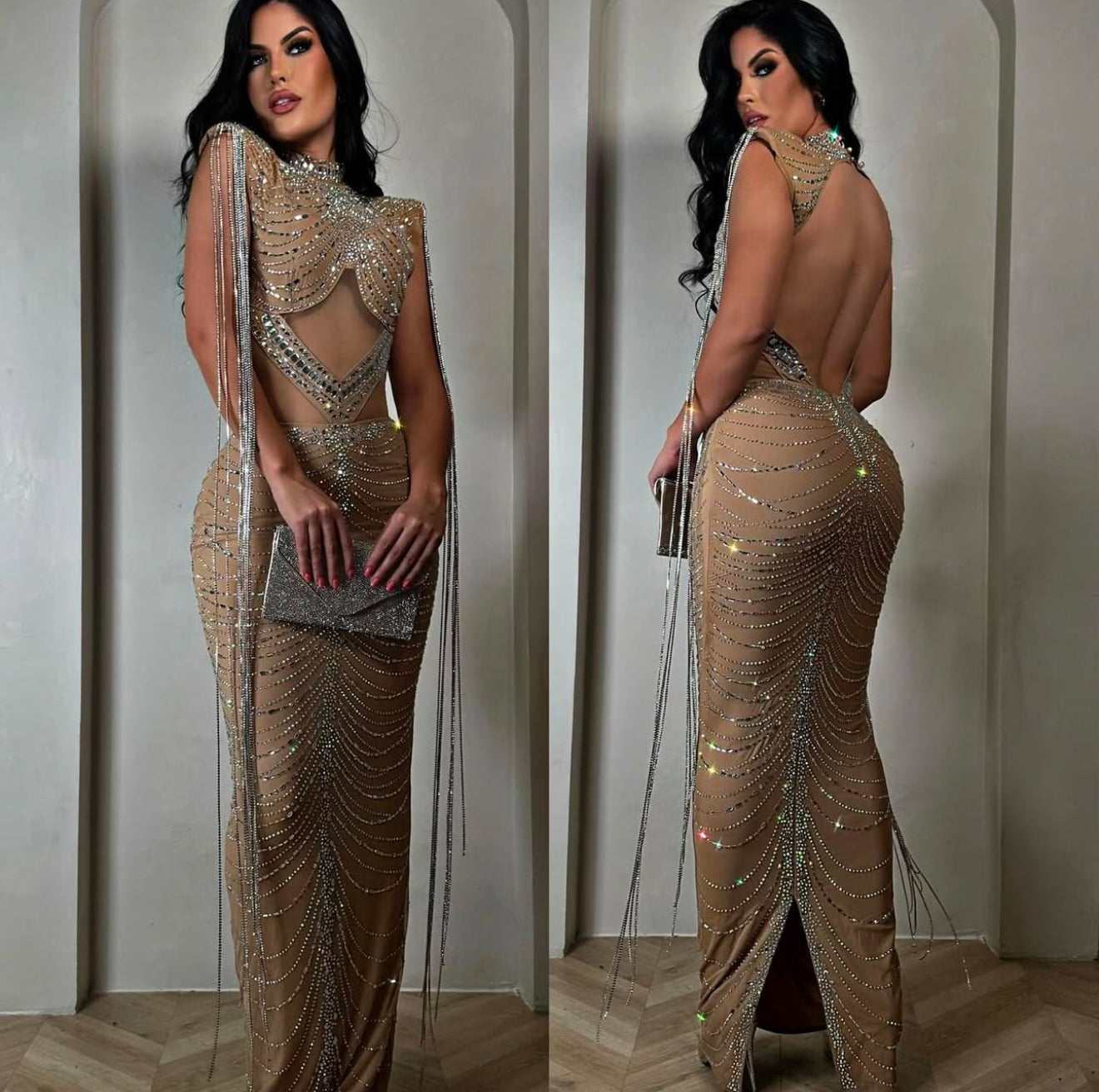 Vestido nude pedrería con escote ✨