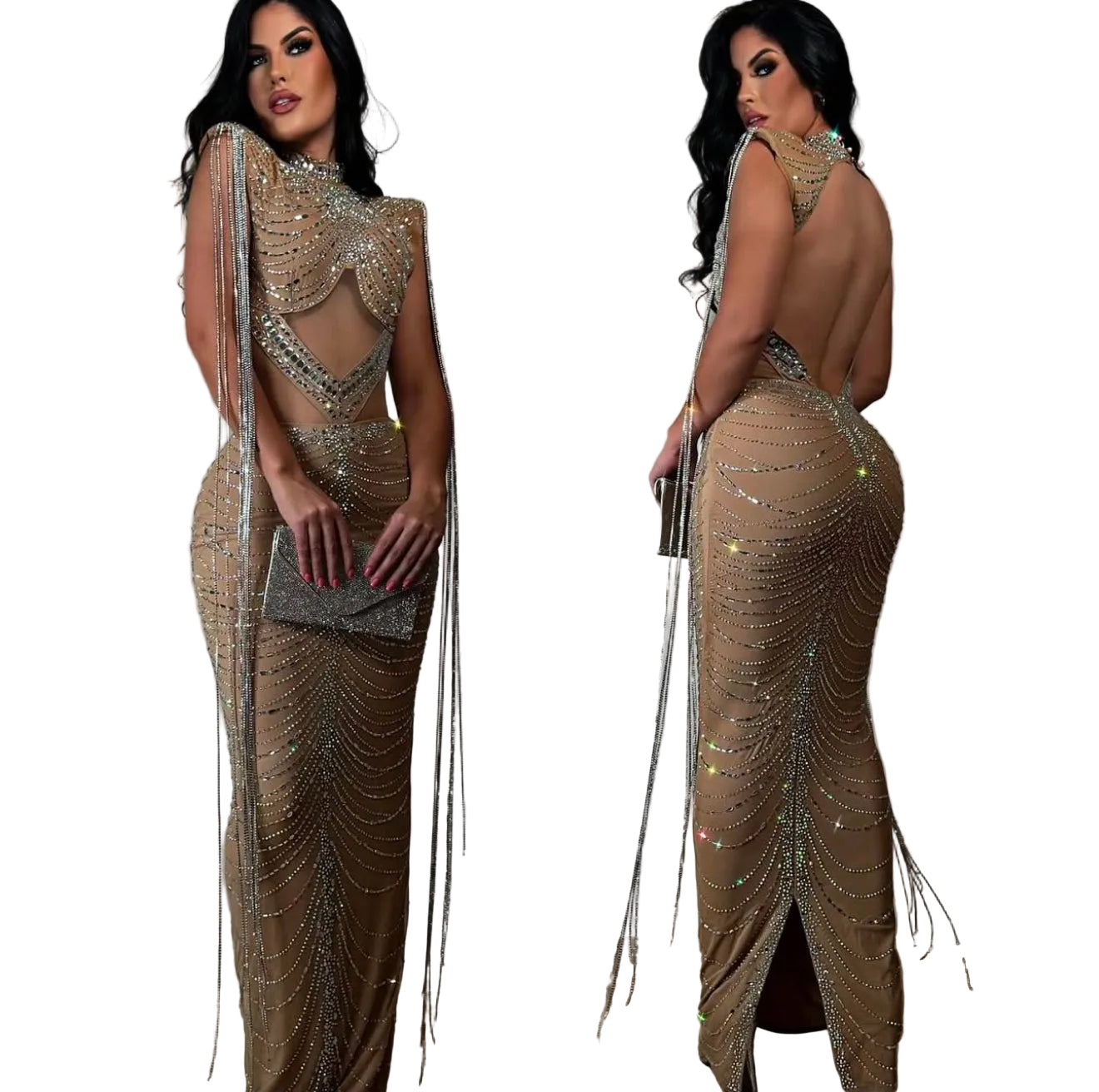 Vestido nude pedrería con escote ✨
