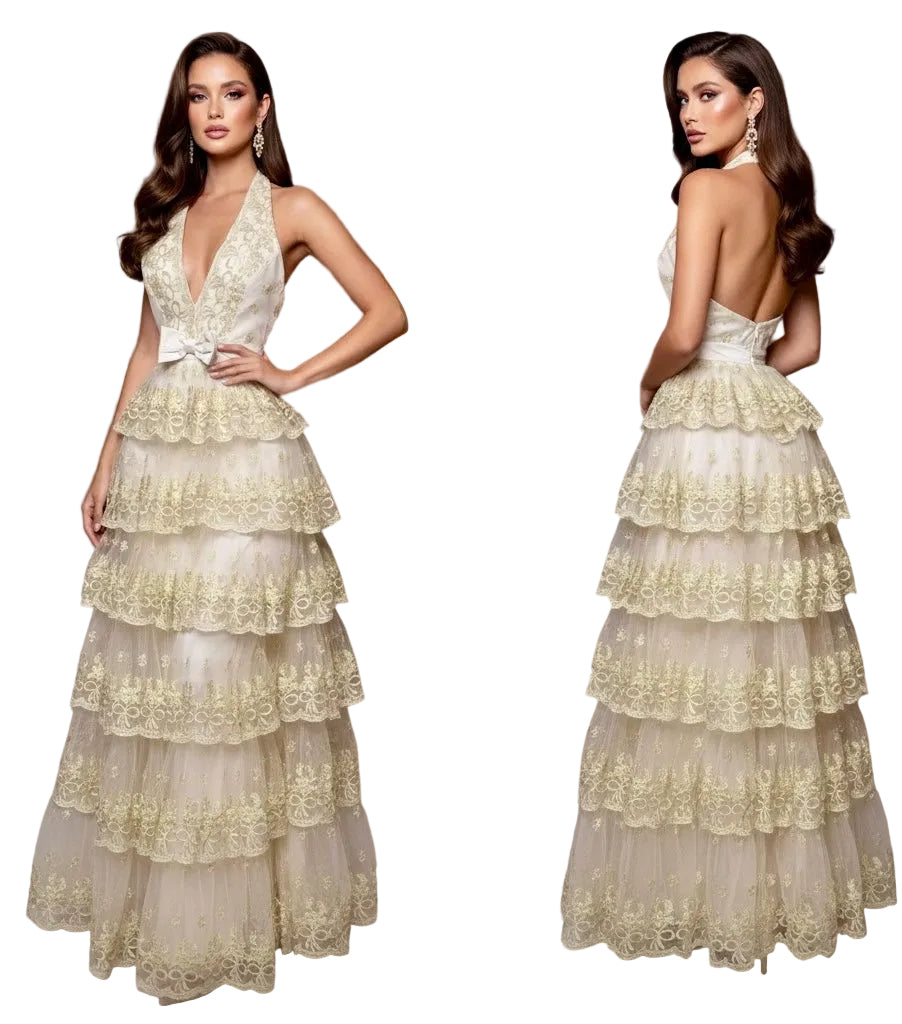 Vestido beige bordado dorado ✨