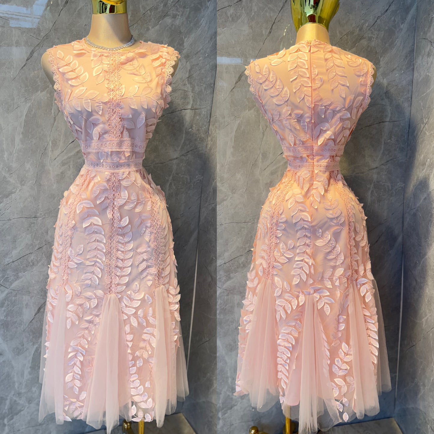 Vestido rosa tulle hojas 🩷
