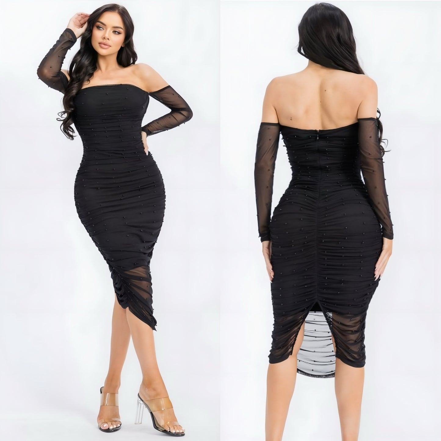 Vestido negro mesh perlas 🖤