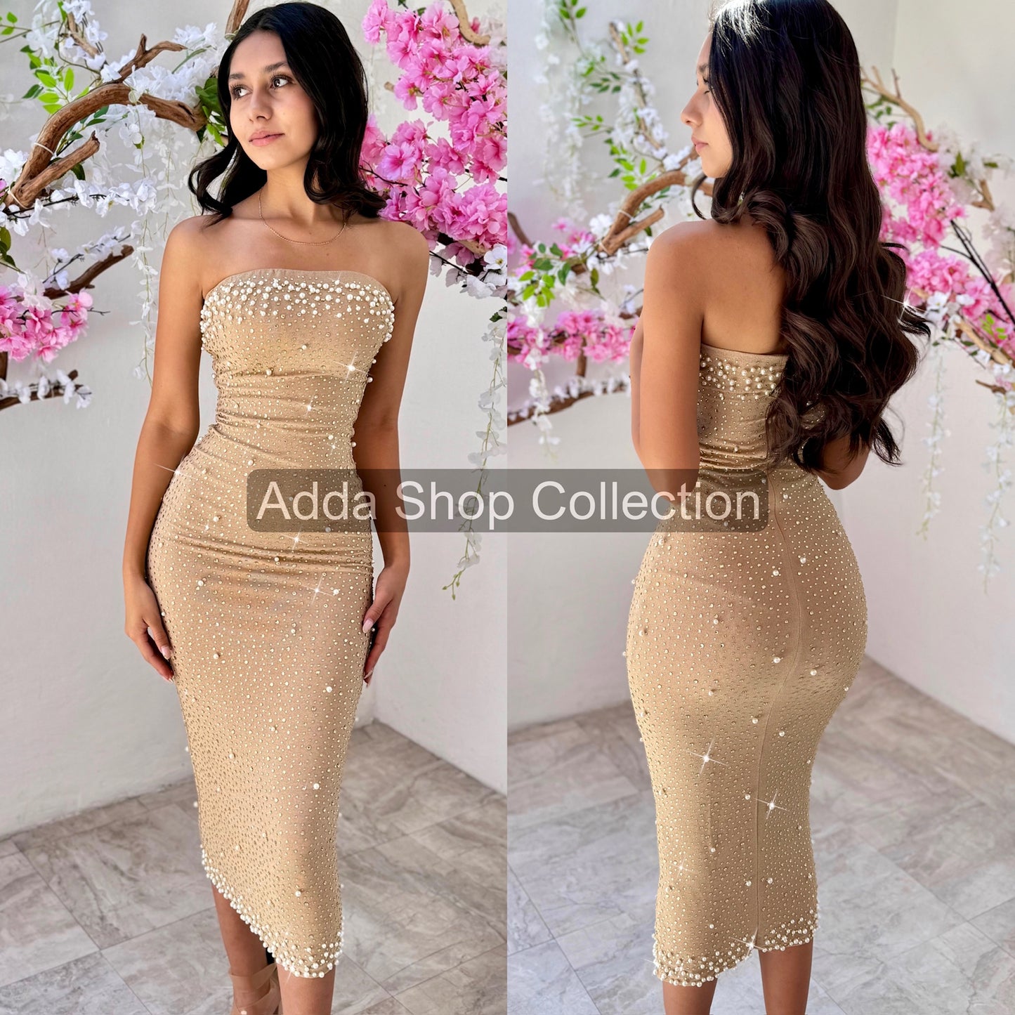 Vestido beige perlas y pedrería ✨