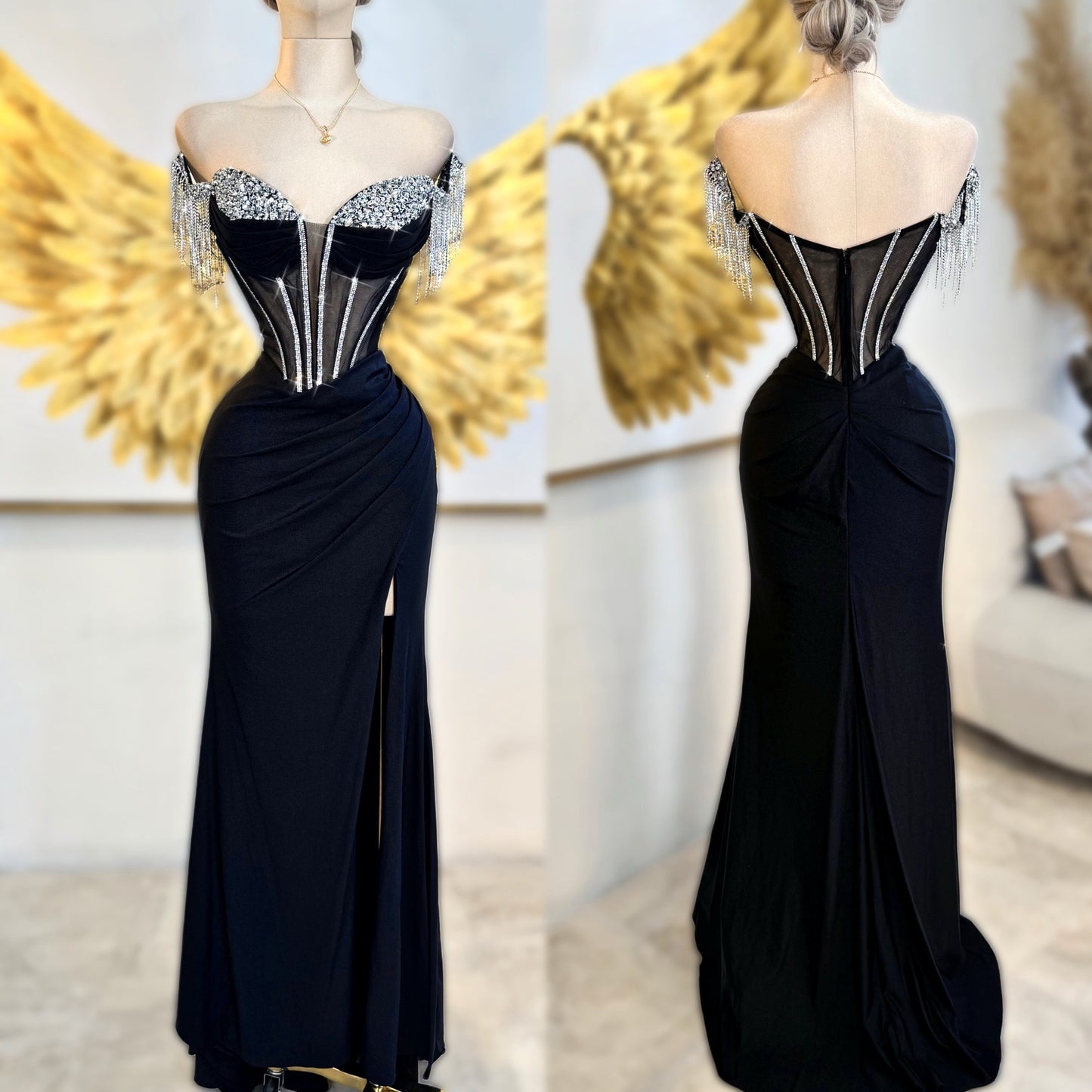 Vestido negro pedrería y licra