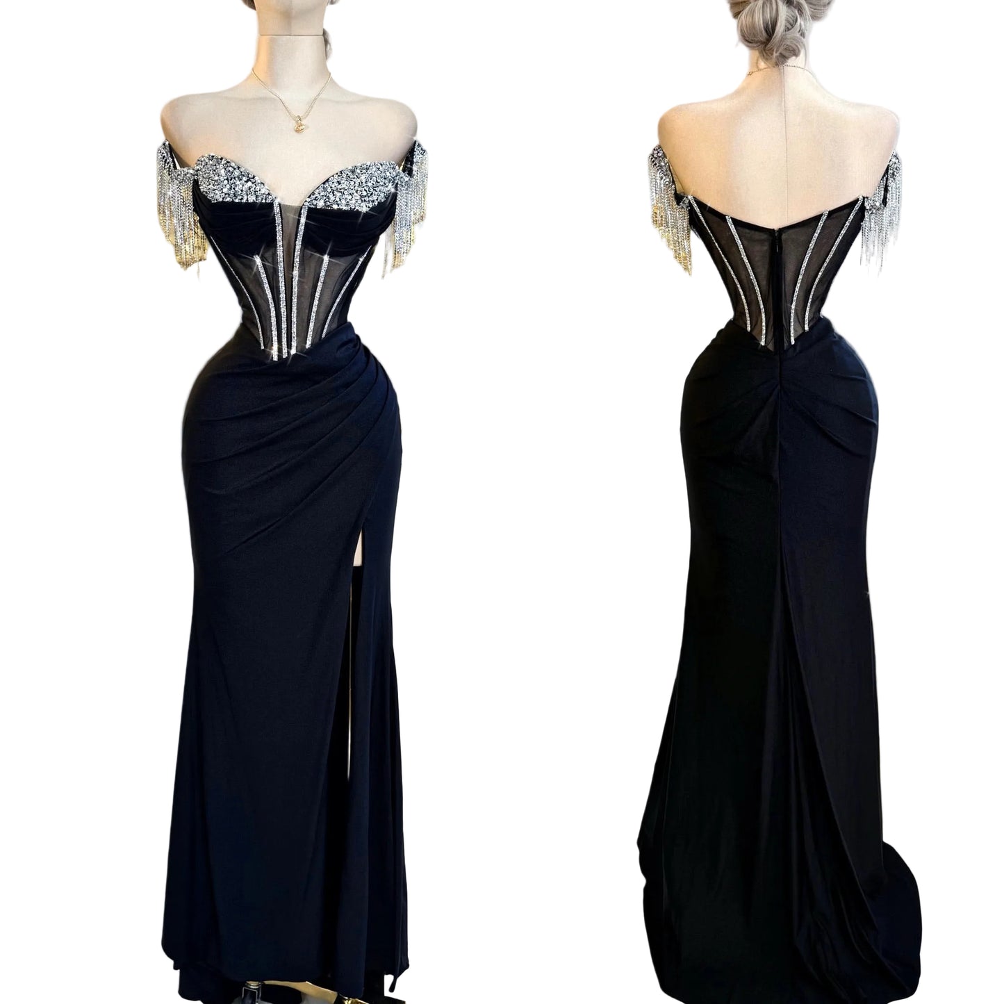 Vestido negro pedrería y licra